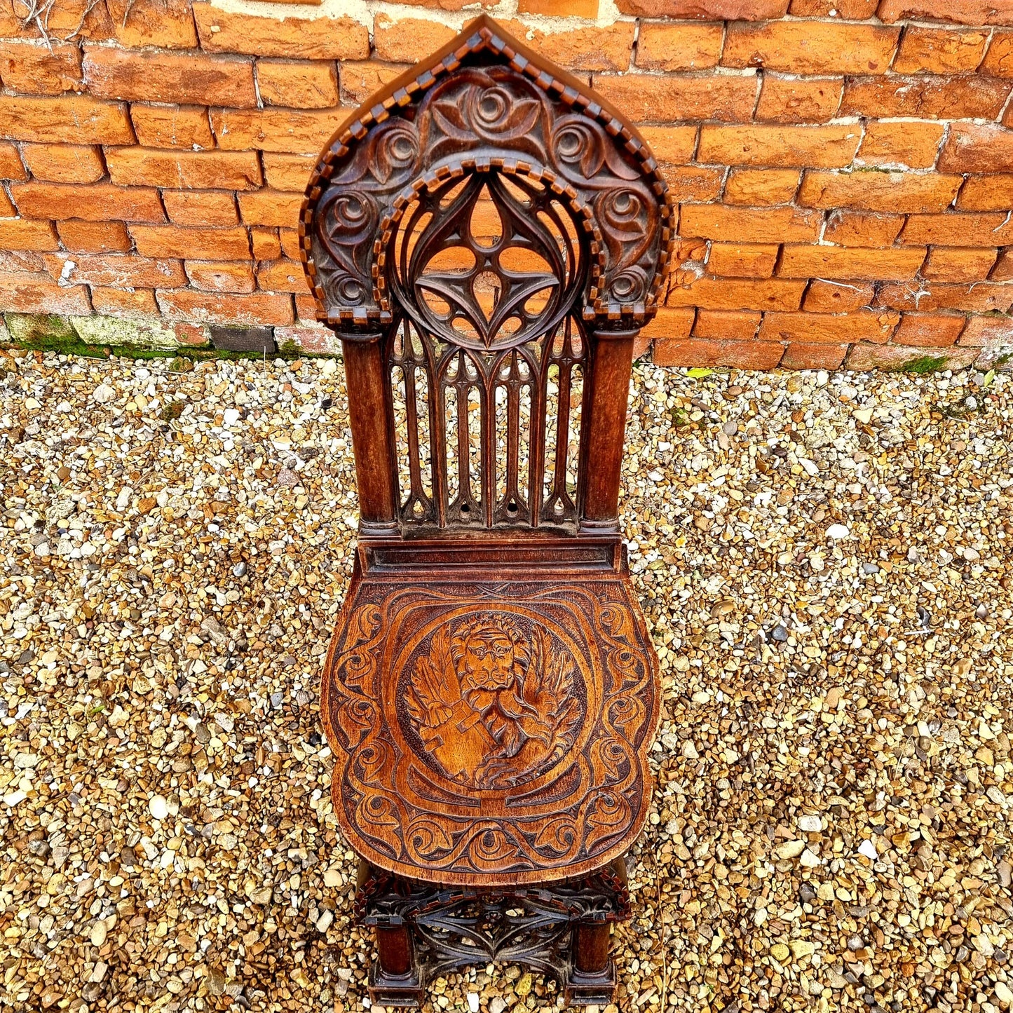Follower of Augustus Pugin (1812-1852) - Rare Pair of Mid 19th Century Antique Walnut Gothic Revival Hall Chairs, Each Carved With The Symbol of Saint Mark