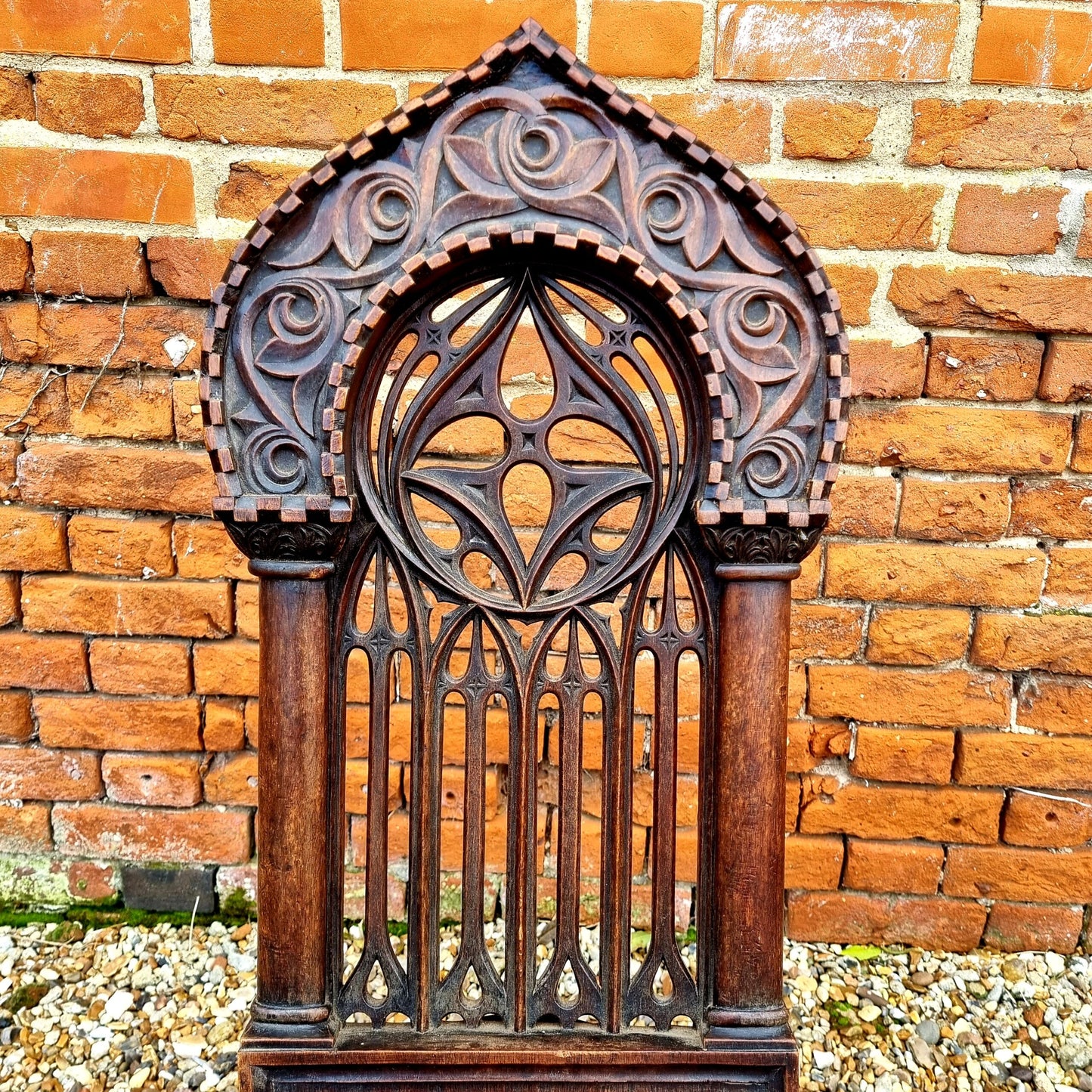 Follower of Augustus Pugin (1812-1852) - Rare Pair of Mid 19th Century Antique Walnut Gothic Revival Hall Chairs, Each Carved With The Symbol of Saint Mark