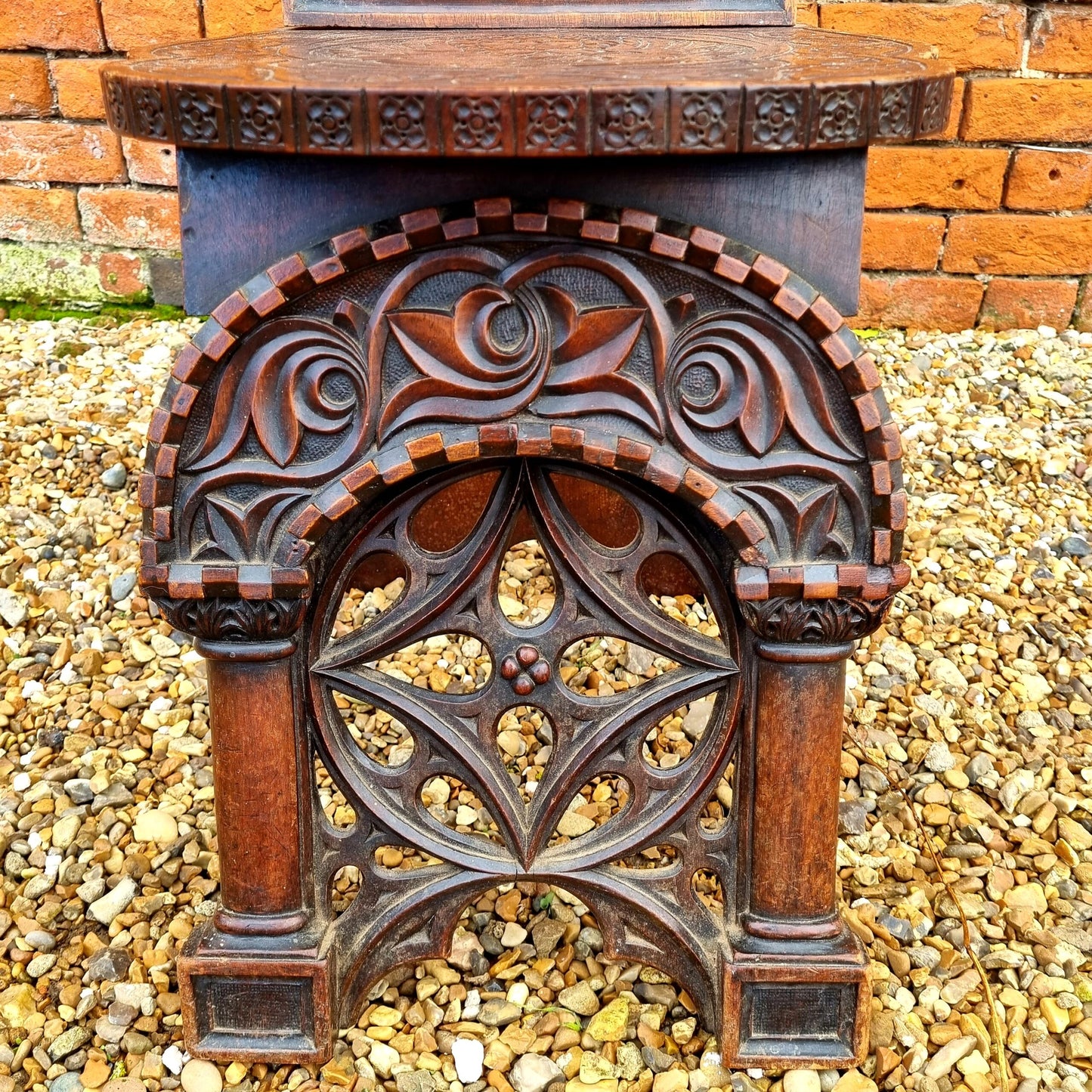 Follower of Augustus Pugin (1812-1852) - Rare Pair of Mid 19th Century Antique Walnut Gothic Revival Hall Chairs, Each Carved With The Symbol of Saint Mark