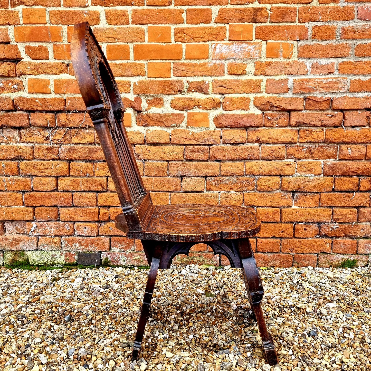 Follower of Augustus Pugin (1812-1852) - Rare Pair of Mid 19th Century Antique Walnut Gothic Revival Hall Chairs, Each Carved With The Symbol of Saint Mark