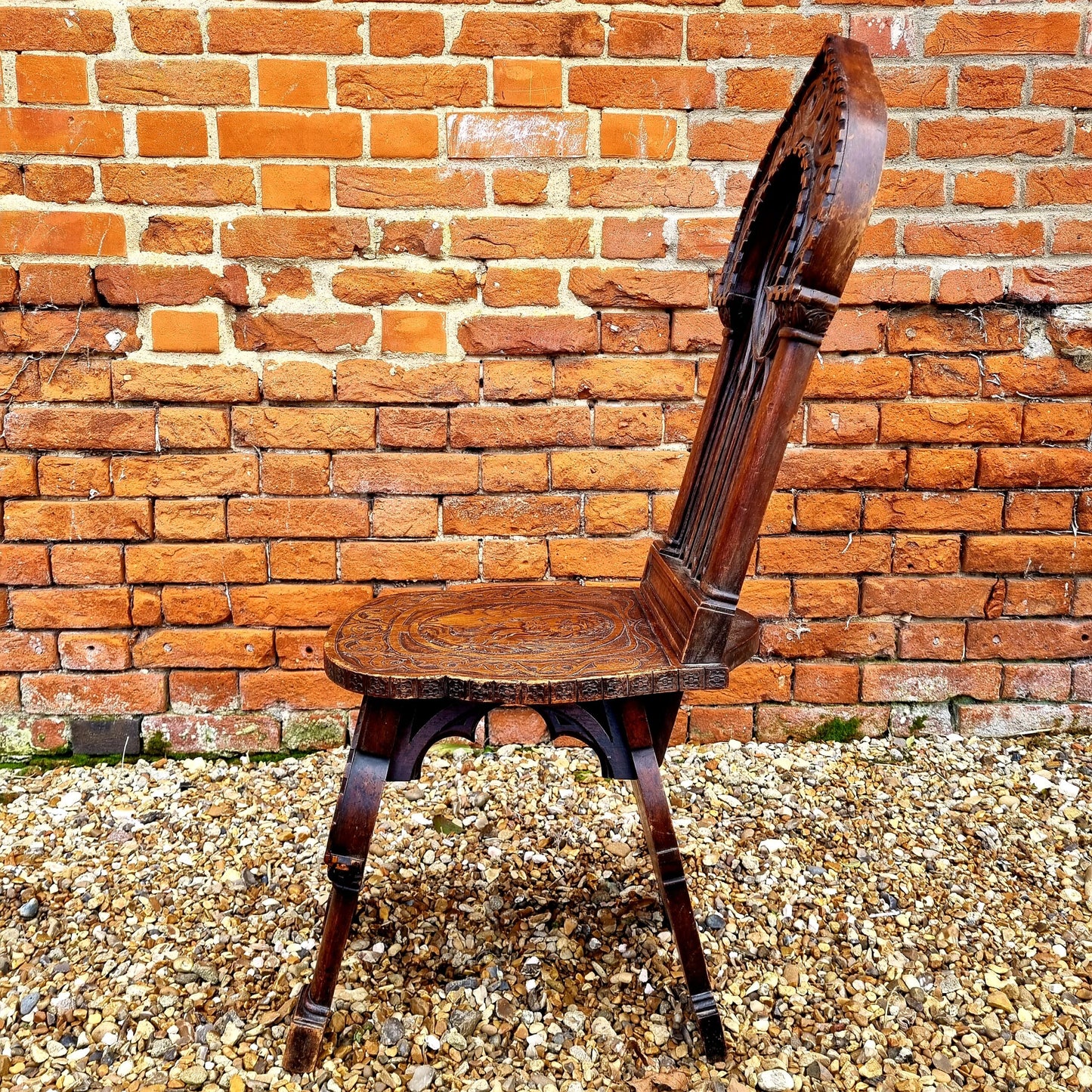 Follower of Augustus Pugin (1812-1852) - Rare Pair of Mid 19th Century Antique Walnut Gothic Revival Hall Chairs, Each Carved With The Symbol of Saint Mark
