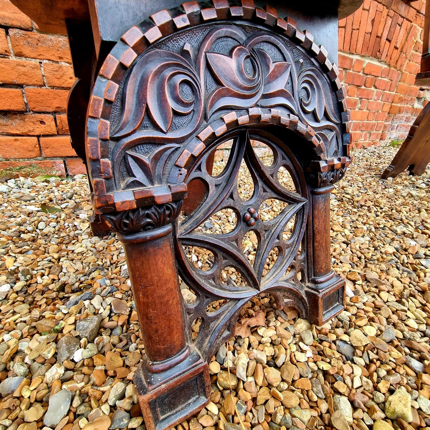 Follower of Augustus Pugin (1812-1852) - Rare Pair of Mid 19th Century Antique Walnut Gothic Revival Hall Chairs, Each Carved With The Symbol of Saint Mark