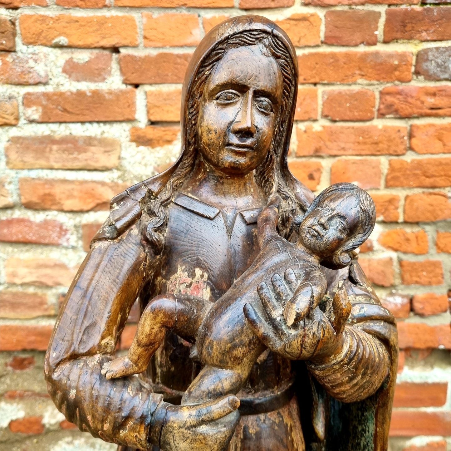 Large & Impressive Early 17th Century Antique Carved Walnut Sculpture of the Madonna & Child
