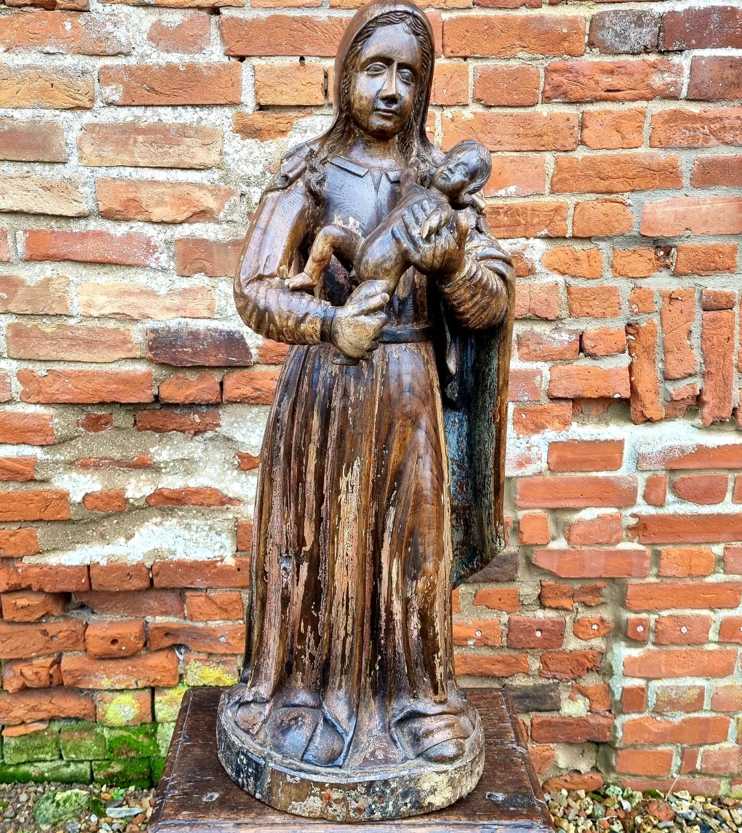 Large & Impressive Early 17th Century Antique Carved Walnut Sculpture of the Madonna & Child