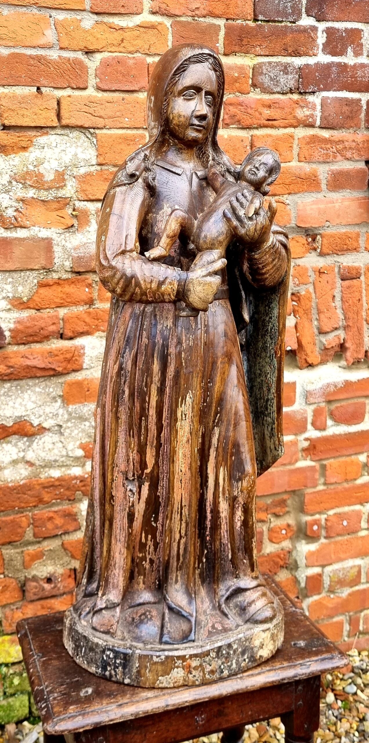 Large & Impressive Early 17th Century Antique Carved Walnut Sculpture of the Madonna & Child