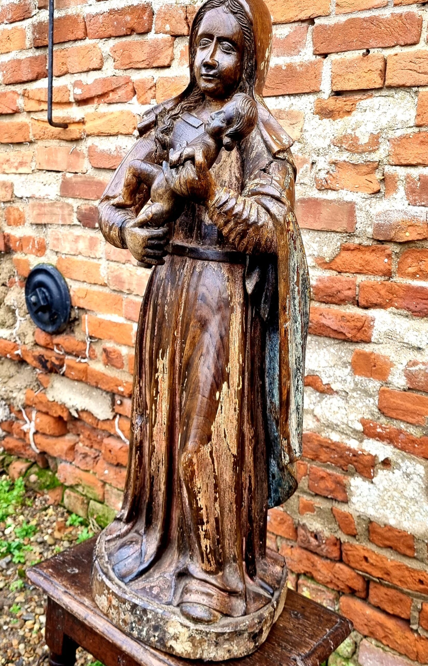 Large & Impressive Early 17th Century Antique Carved Walnut Sculpture of the Madonna & Child