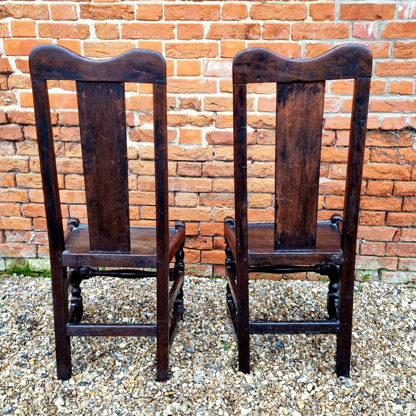 Pair of 17th Century Welsh Antique Oak Back Stools or Hall Chairs
