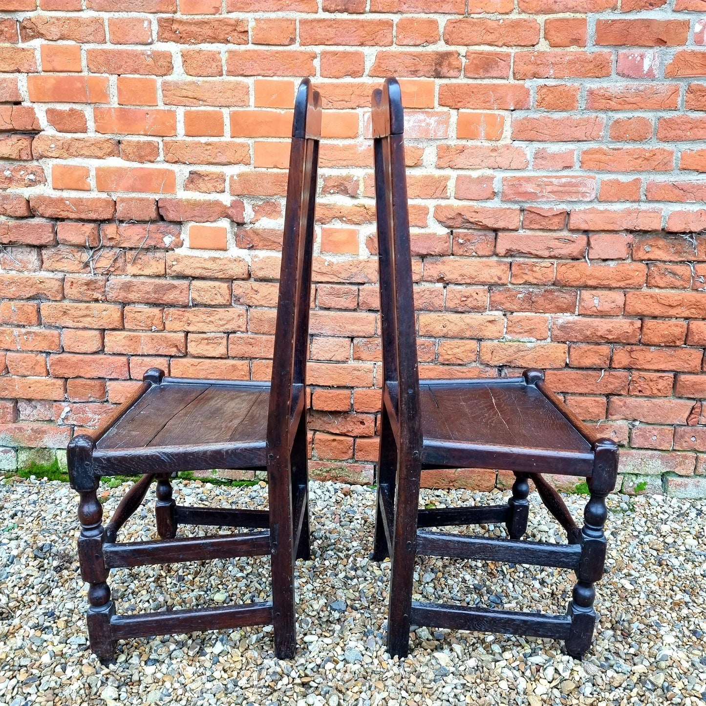 Pair of 17th Century Welsh Antique Oak Back Stools or Hall Chairs