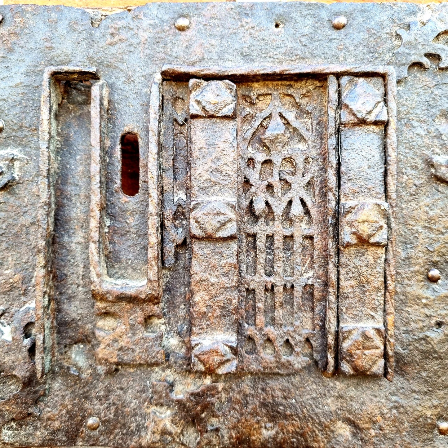 Early 16th Century Gothic Antique Iron Lock Mounted on a Carved Oak Panel