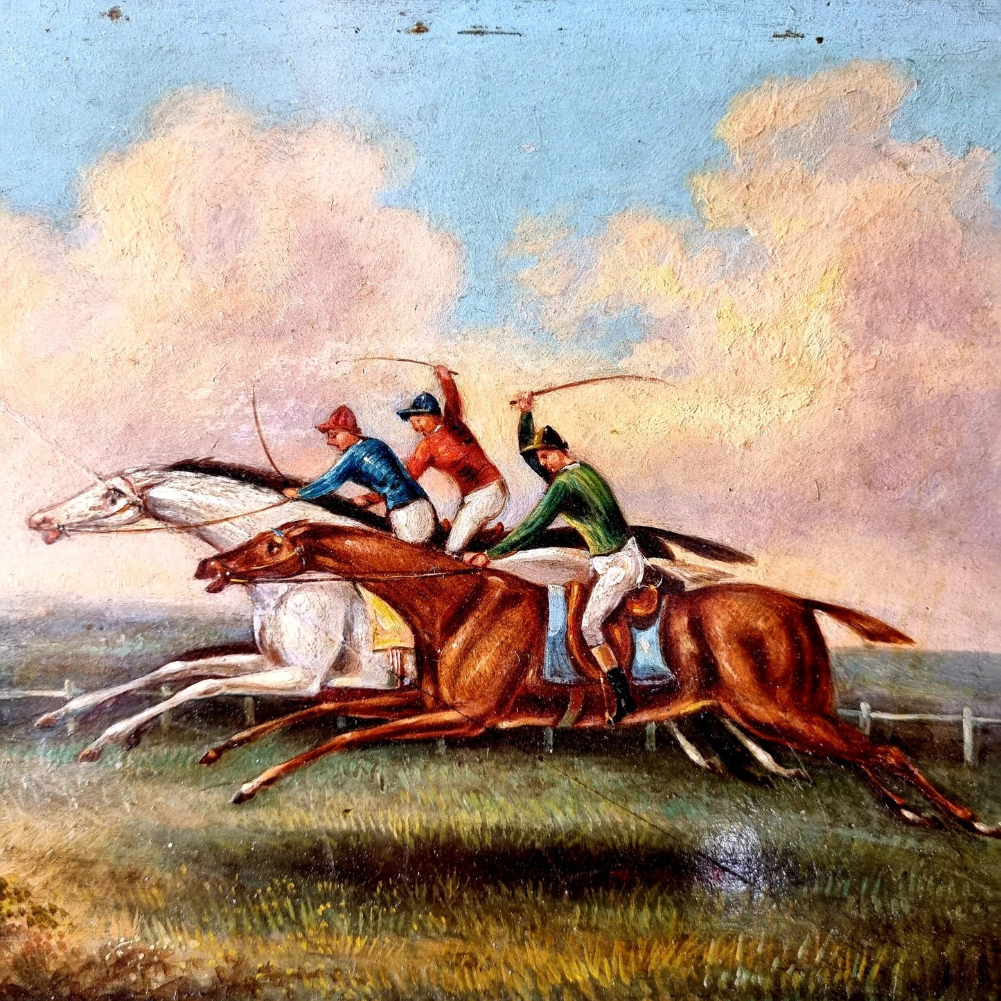 Mid 19th Century Primitive English School Antique Oil on Panel / Painting of a Horse Race, Signed "DB IR" and Dated "1845"