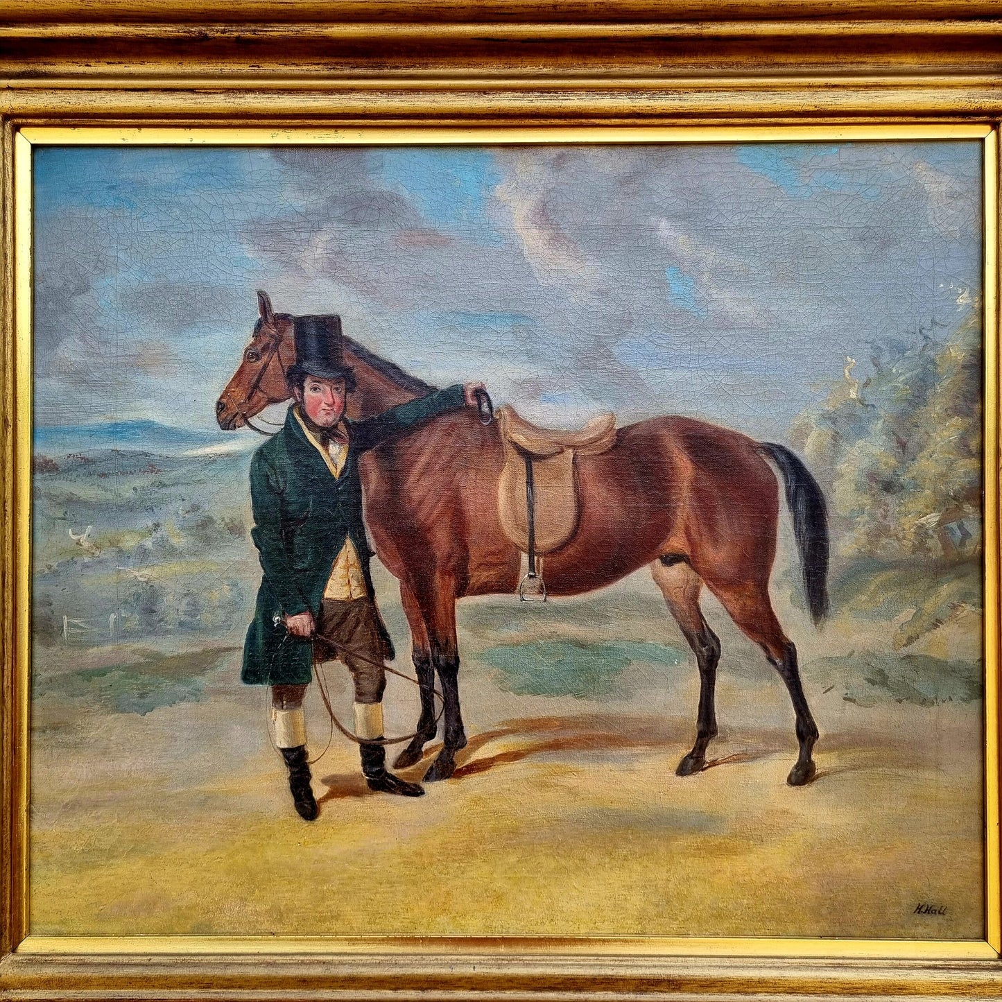 Mid 19th Century English School Antique Oil Portrait Painting of a Gentleman Farmer and His Prize Horse, Signed "H Hall"