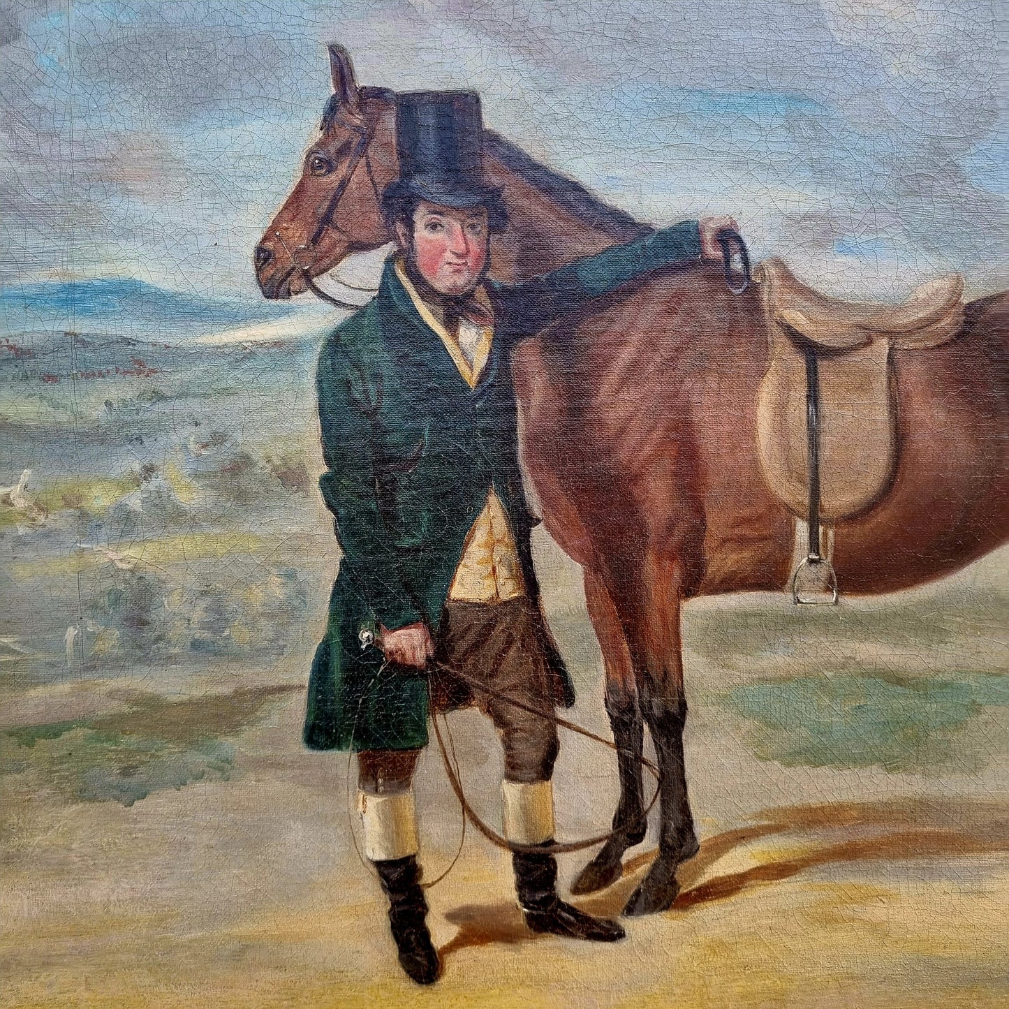 Mid 19th Century English School Antique Oil Portrait Painting of a Gentleman Farmer and His Prize Horse, Signed "H Hall"