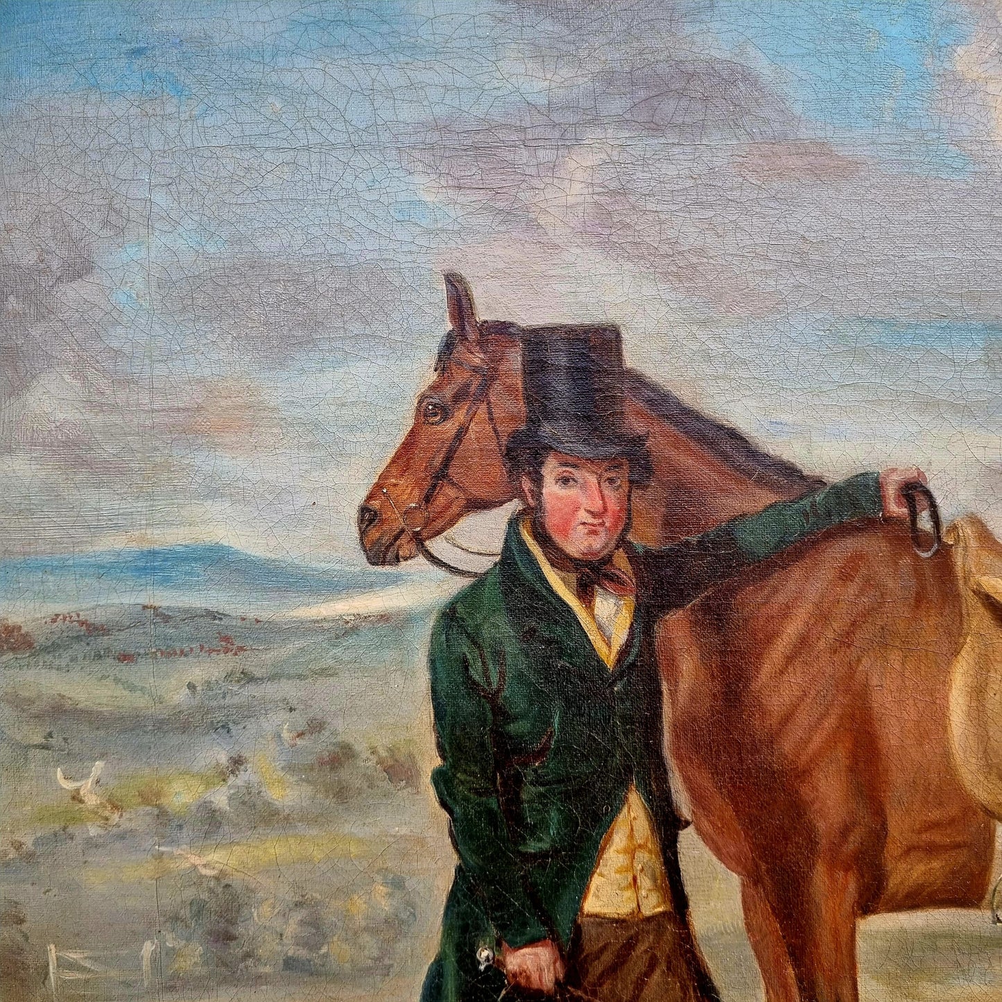 Mid 19th Century English School Antique Oil Portrait Painting of a Gentleman Farmer and His Prize Horse, Signed "H Hall"