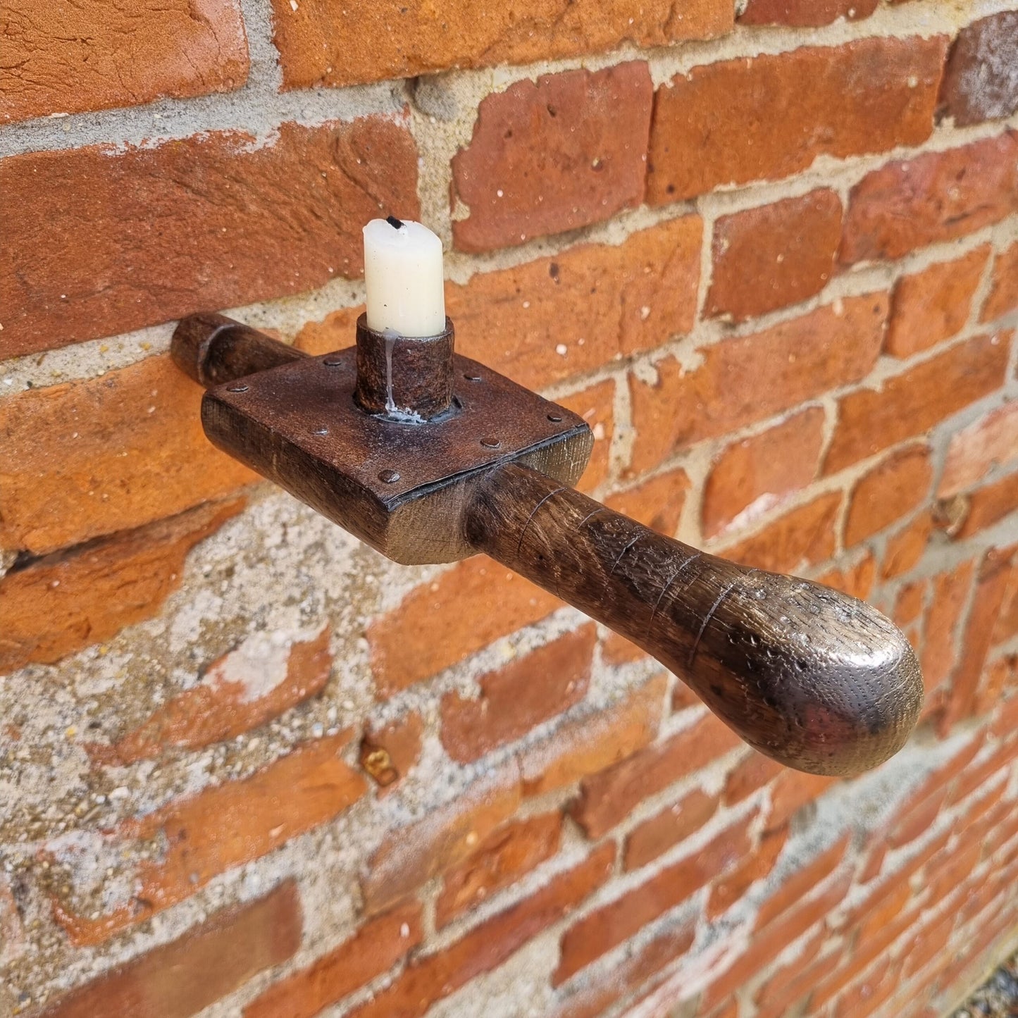 Rare Late 18th Century English Antique Treen and Iron "Sticking Tommy" or "Go-to-bed" Candlestick With Iron Wall Spike