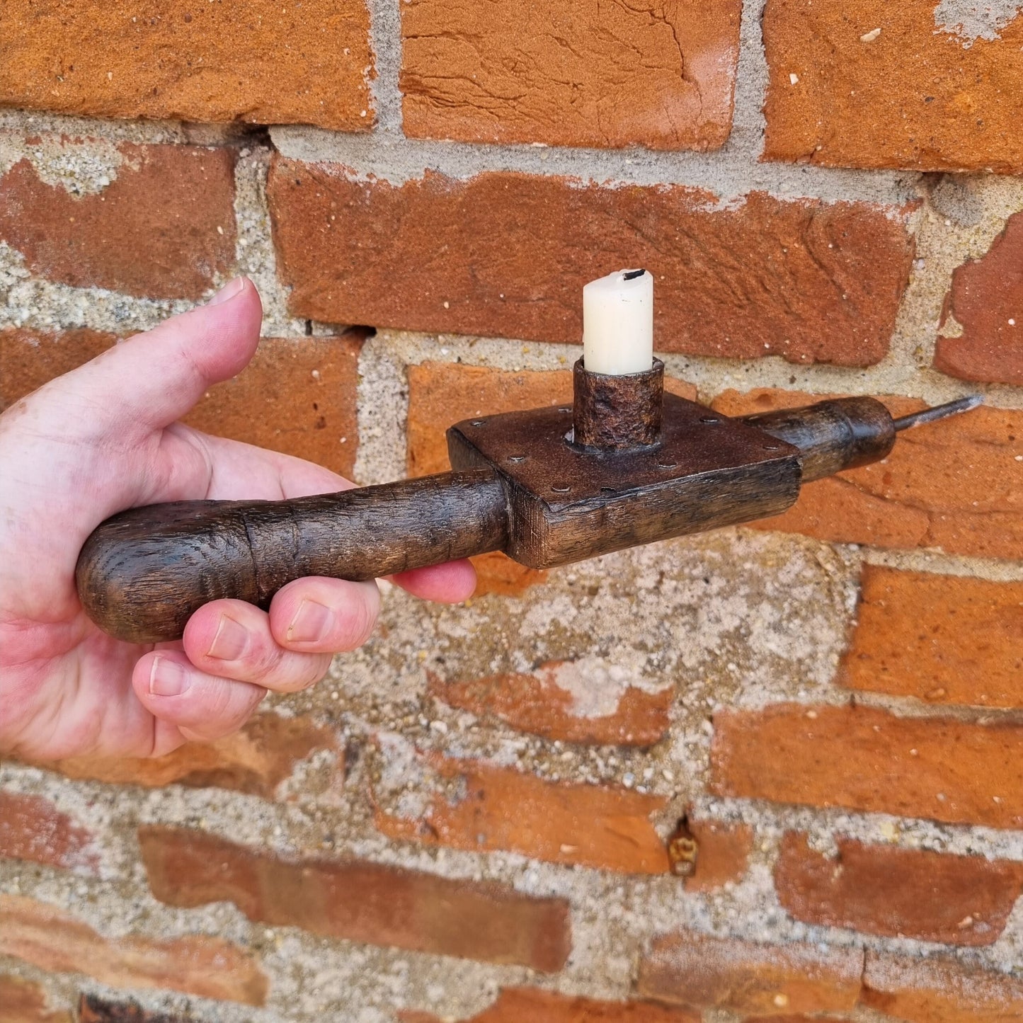 Rare Late 18th Century English Antique Treen and Iron "Sticking Tommy" or "Go-to-bed" Candlestick With Iron Wall Spike