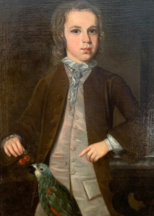 Ex Dunrobin Castle - Home of the Duchess of Sutherland - A Superb 18thC Scottish School Three-Quarter-Length Portrait of a Boy Feeding a Parrot