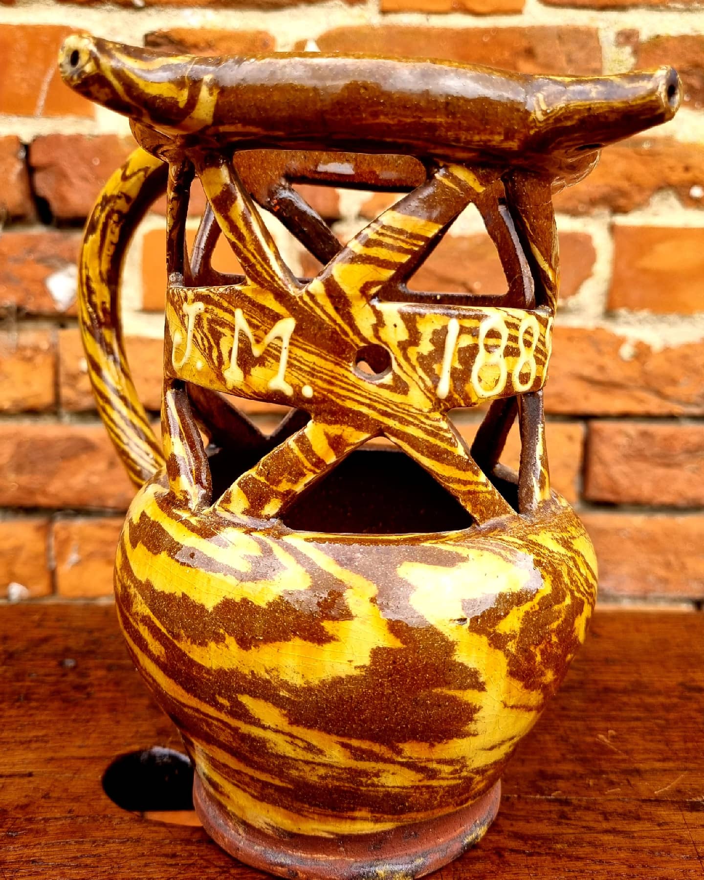 19th Century English Antique Slipware Puzzle Jug, Bearing Initials "JM" & Dated "1889"