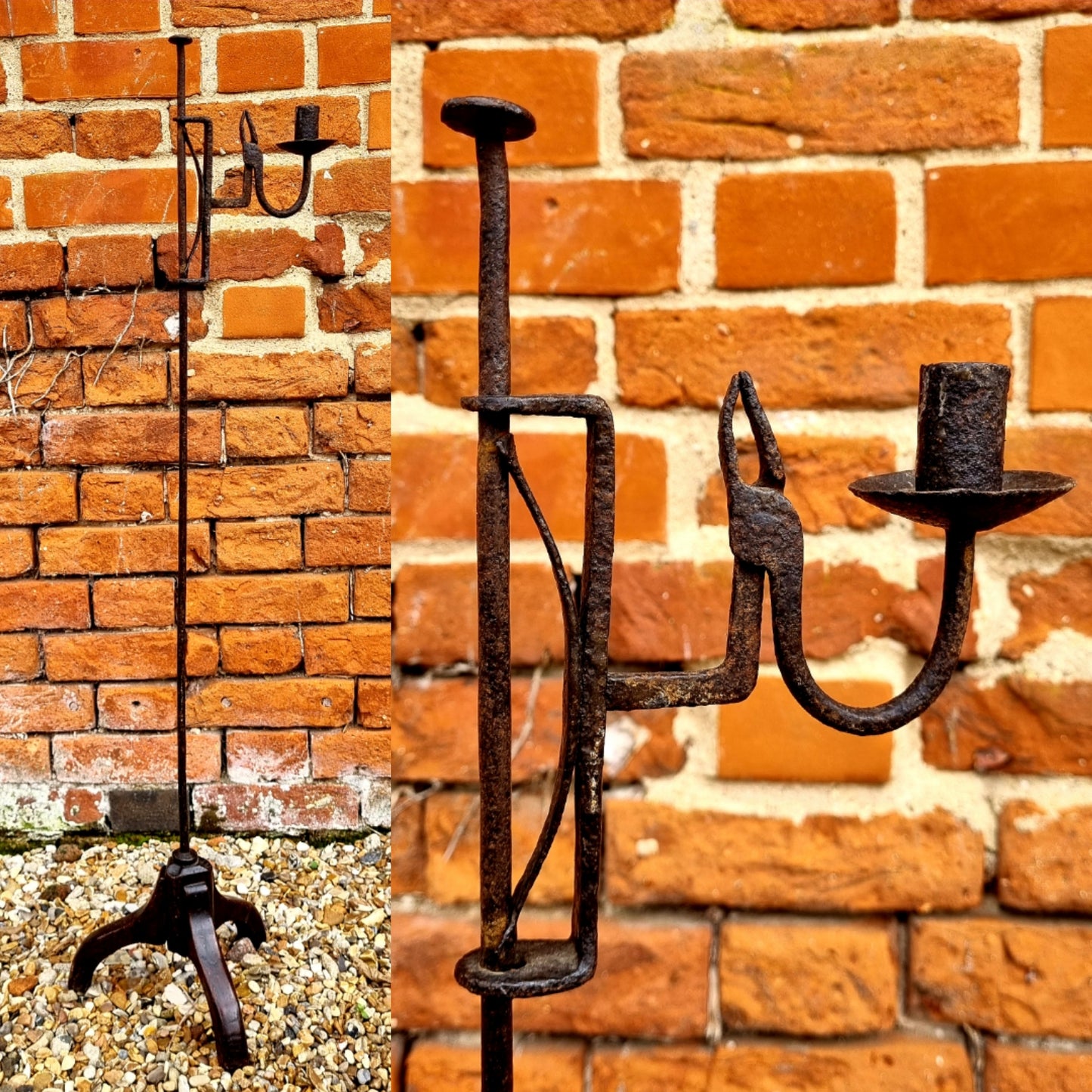 George III Period English Antique Wrought Iron Floor Standing Adjustable Candle Holder and Rushlight, Attributed to Sussex, Circa 1800