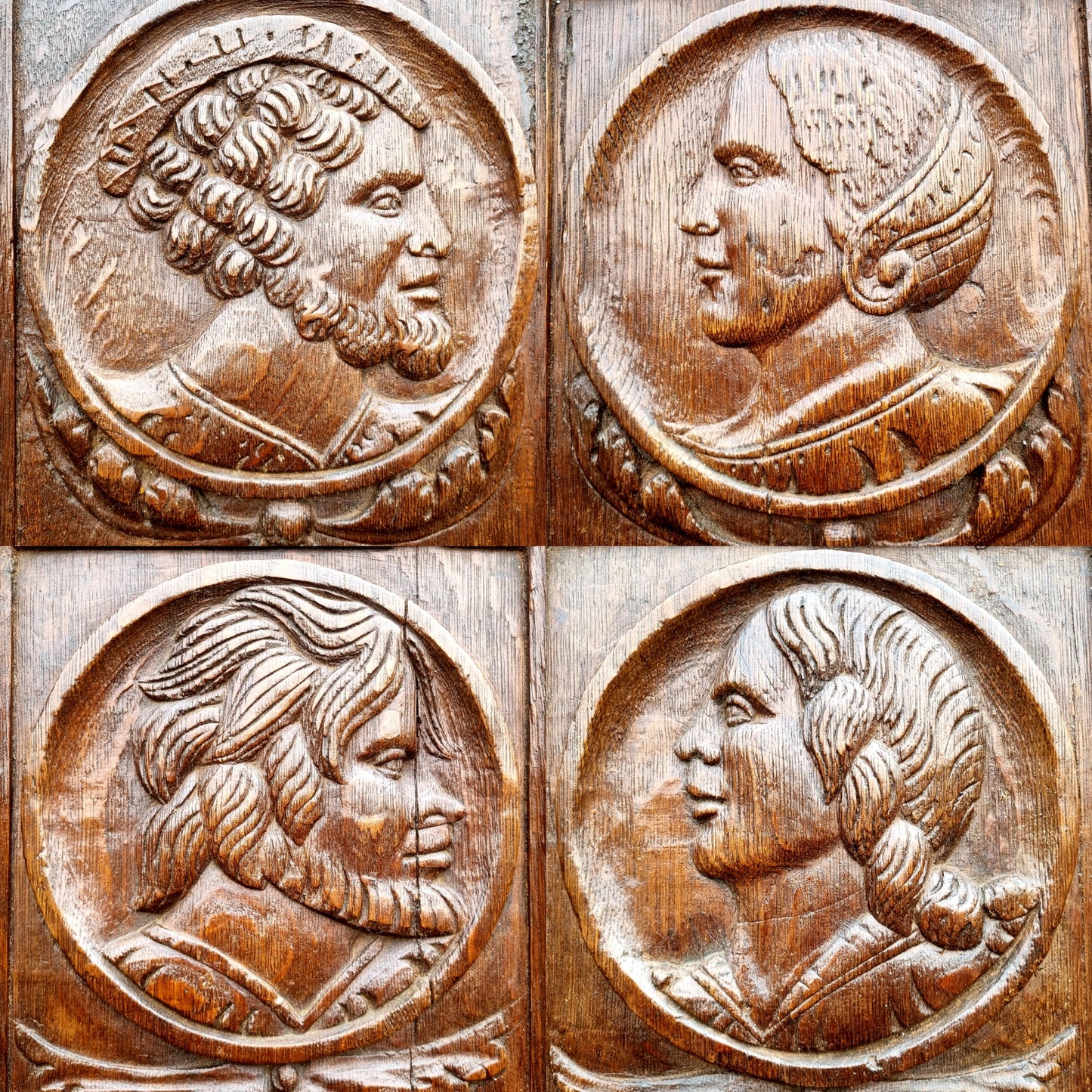 Set of Four 16th Century Antique Carved Oak Romayne Portrait Panels