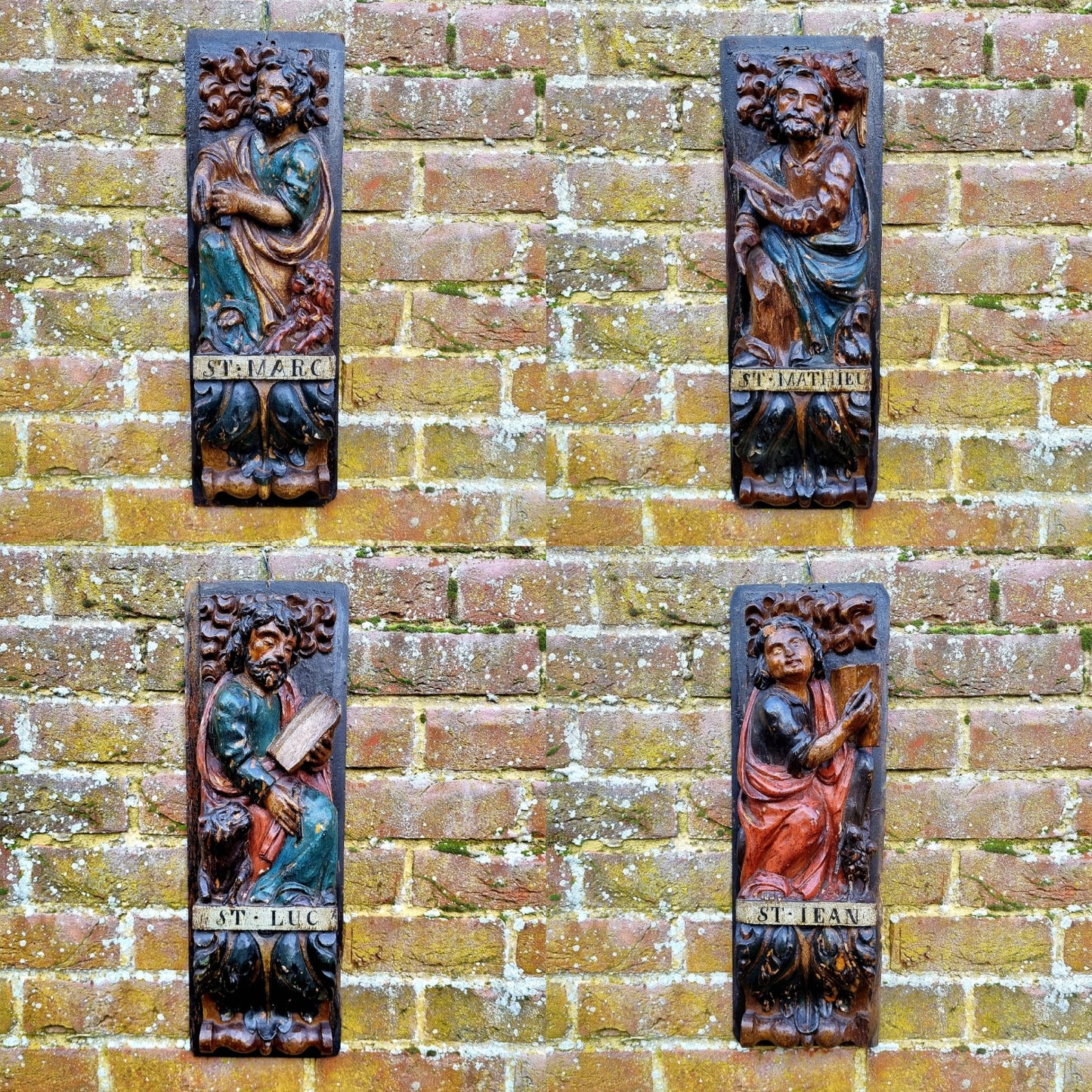 Superb Set of 4 x Large Early 17th Century French Antique Carved Oak Portrait Panels Depicting the Four Evangelists; St. Matthew, St. Mark, St. Luke and St. John