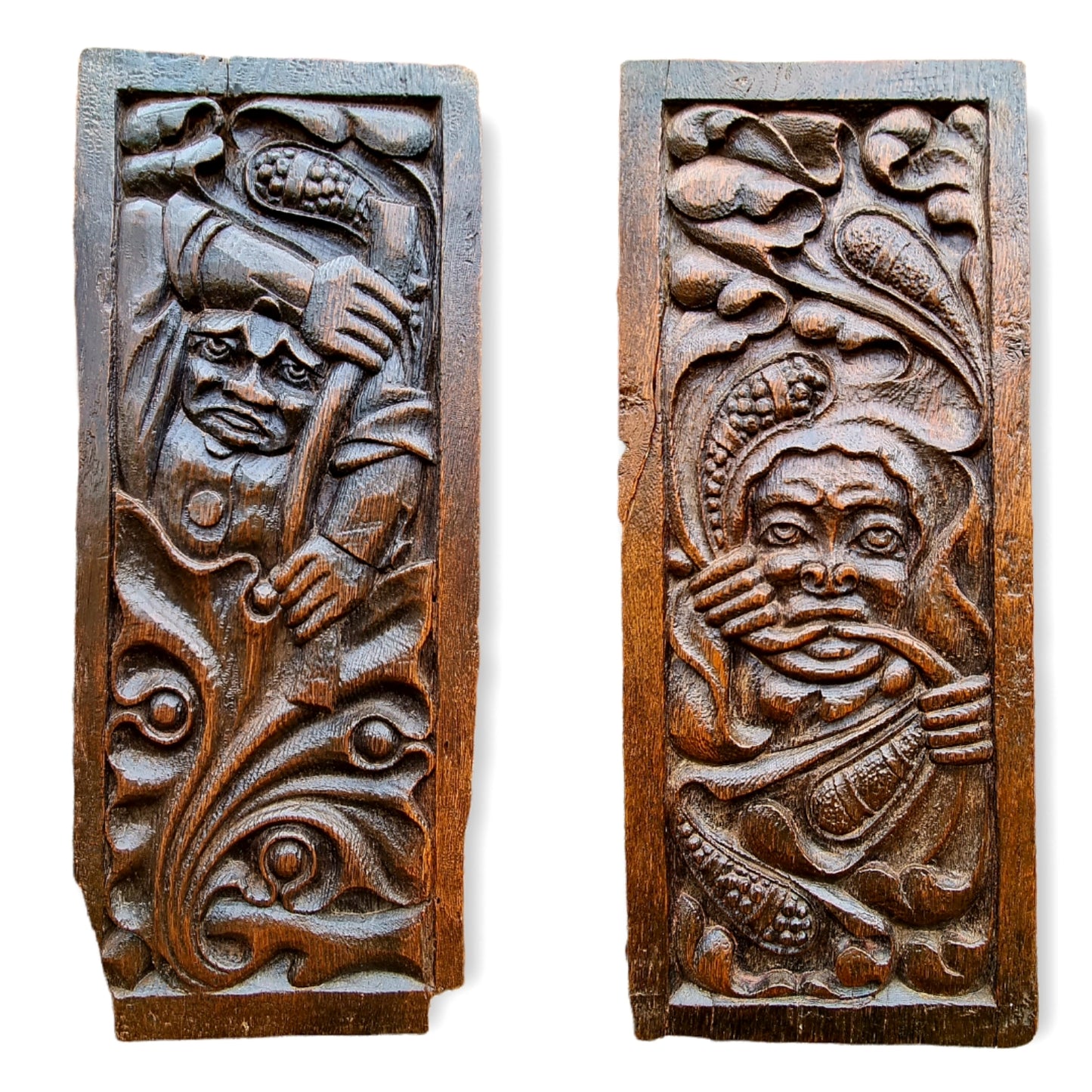 Rare Pair of 16th Century Dutch Antique Carved Oak Panels Depicting Wild Men of The Woods or Woodwose / Wodewose