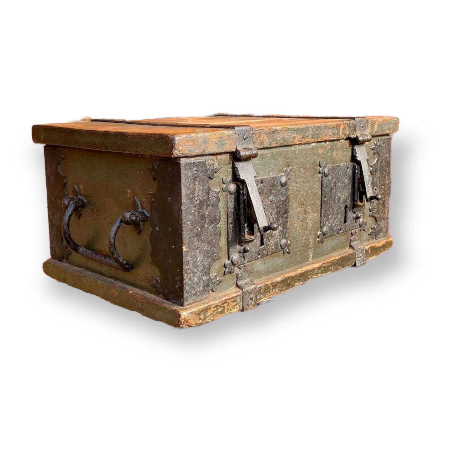 Early 17th Century Dutch Antique Painted Table Top Box with Two Lock Plates