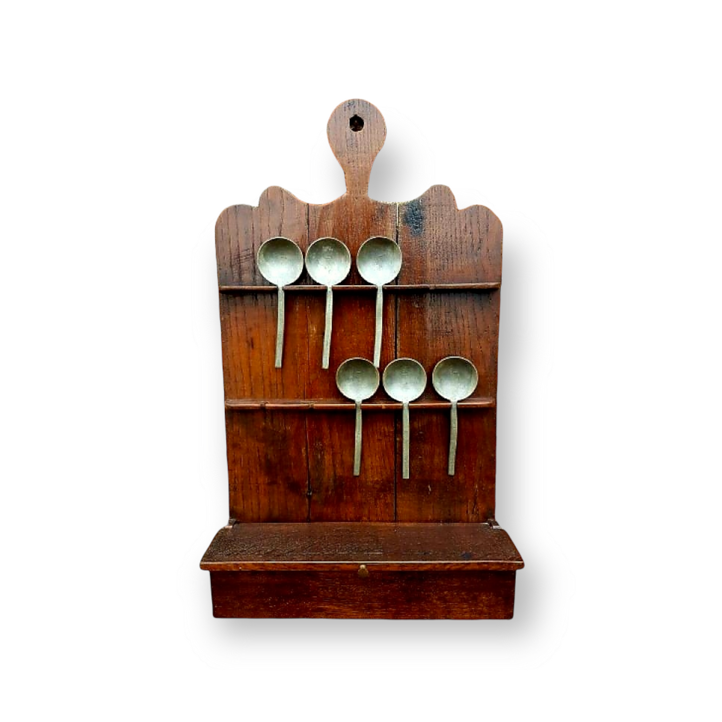 Late 18th Century George III Period English Antique Oak Spoon Rack with Associated Set of 6 x 17thC Pewter Spoons