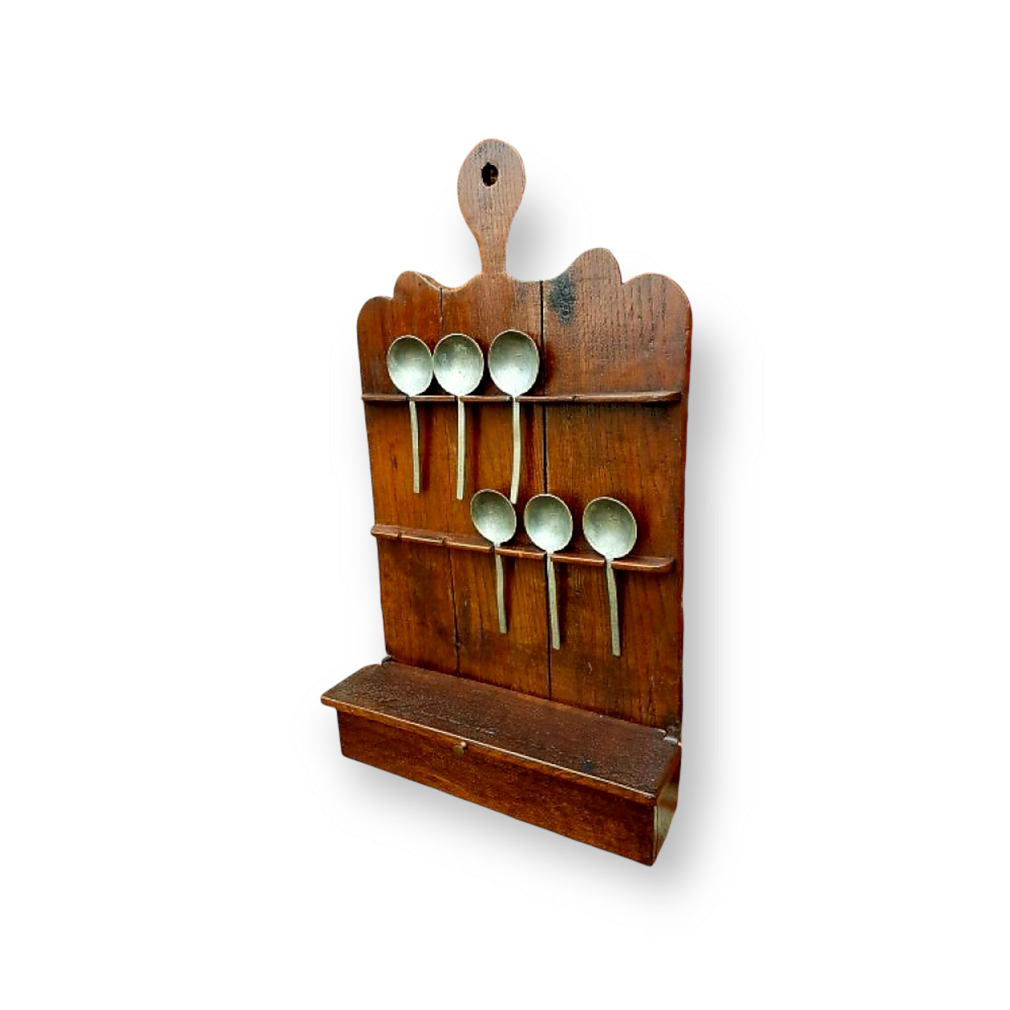 Late 18th Century George III Period English Antique Oak Spoon Rack with Associated Set of 6 x 17thC Pewter Spoons