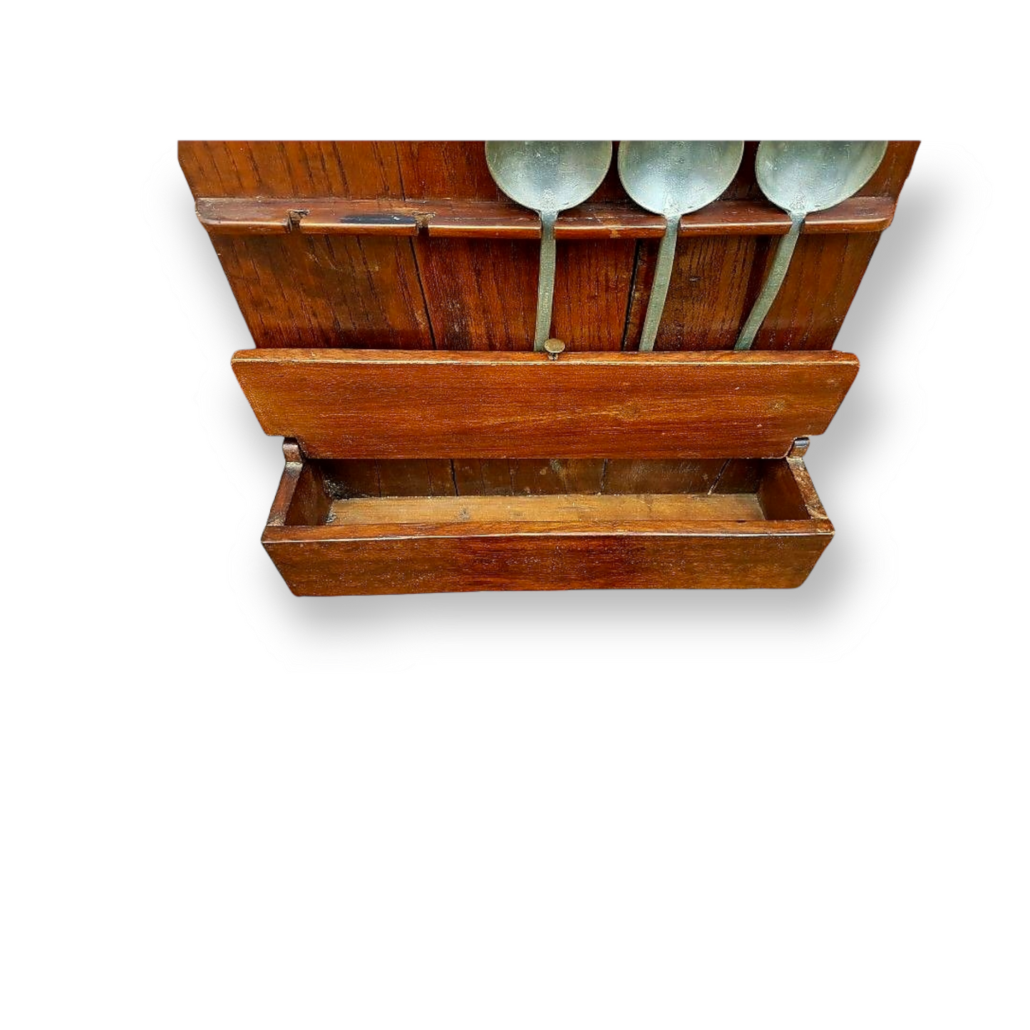 Late 18th Century George III Period English Antique Oak Spoon Rack with Associated Set of 6 x 17thC Pewter Spoons