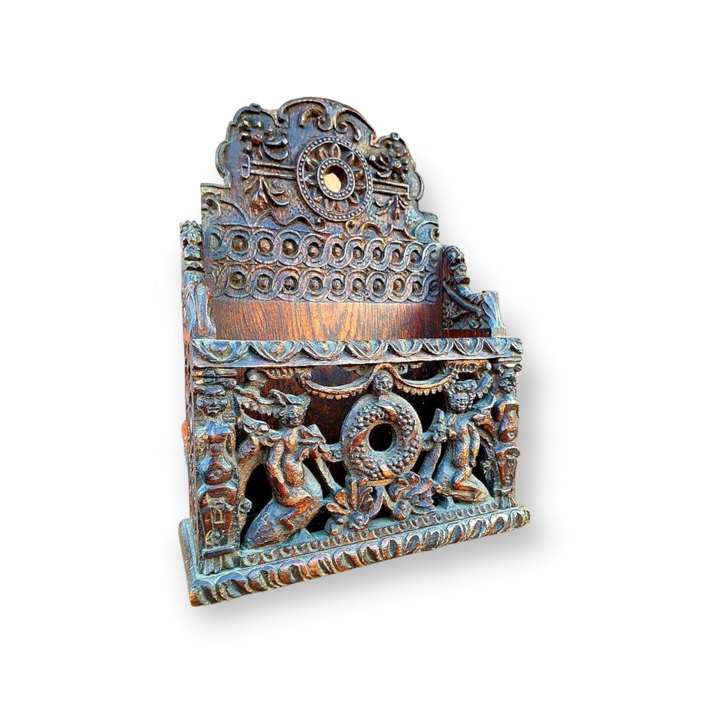 17th Century Style, 19th Century Made, English Antique Carved Oak Letter Rack Dated "1895"