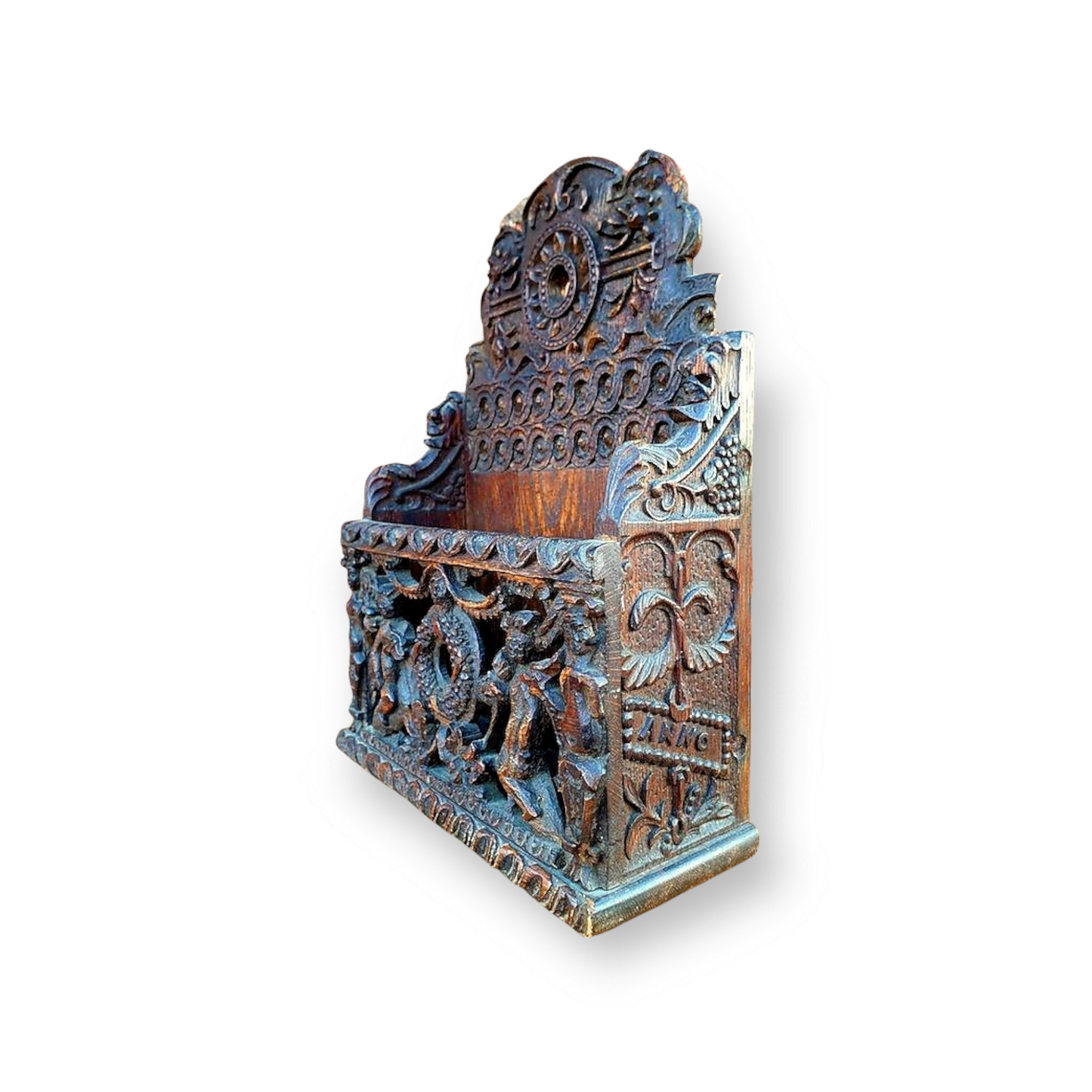 17th Century Style, 19th Century Made, English Antique Carved Oak Letter Rack Dated "1895"