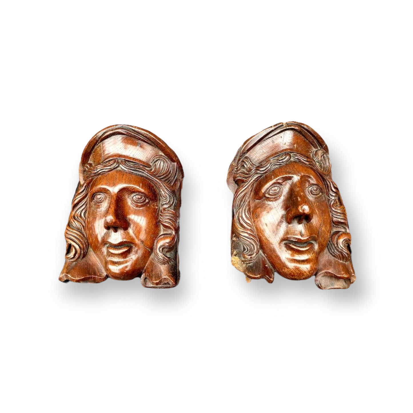 A Fine Pair of 17th Century Flemish Antique Carved Oak Corbels in the Form of Heads