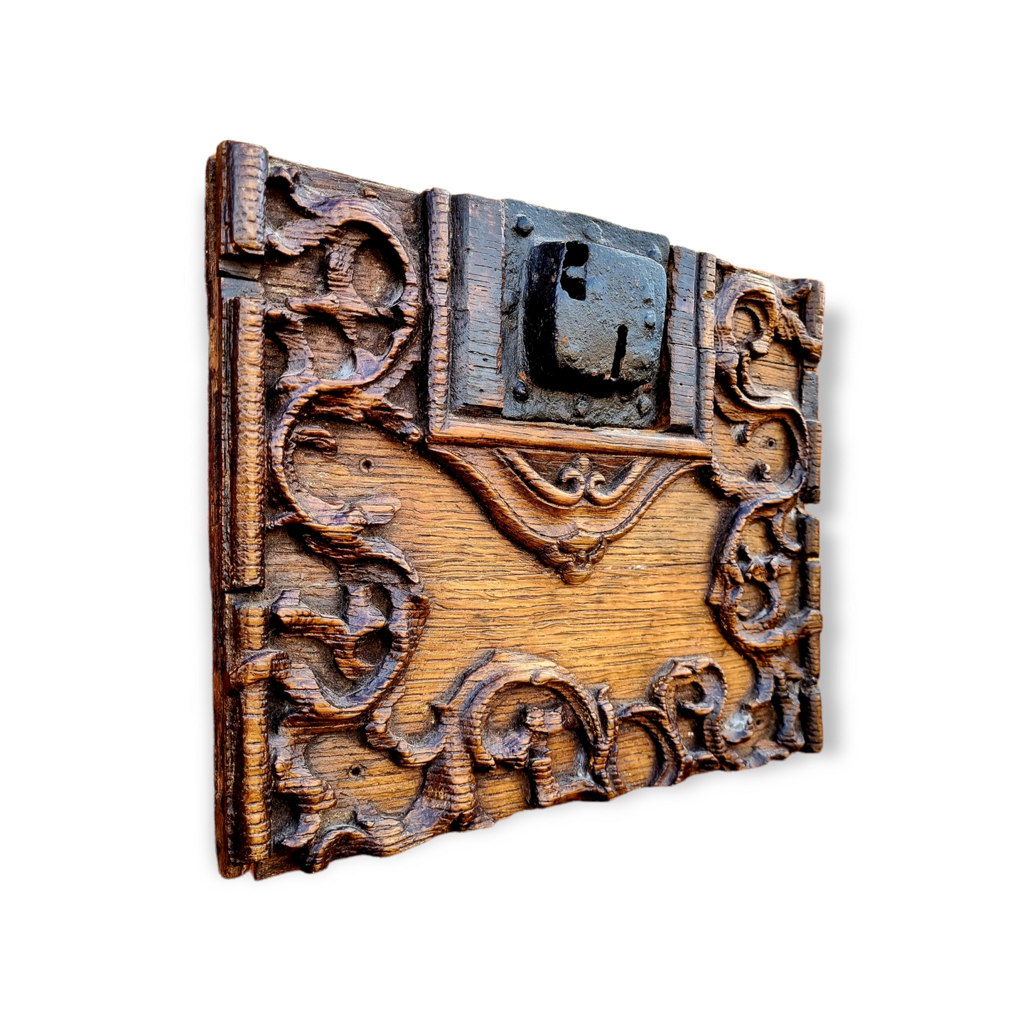 16th Century Antique Iron Lock Mounted on a Carved Oak Panel