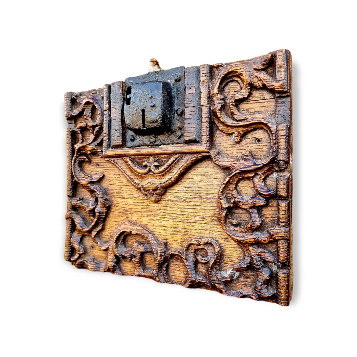 16th Century Antique Iron Lock Mounted on a Carved Oak Panel