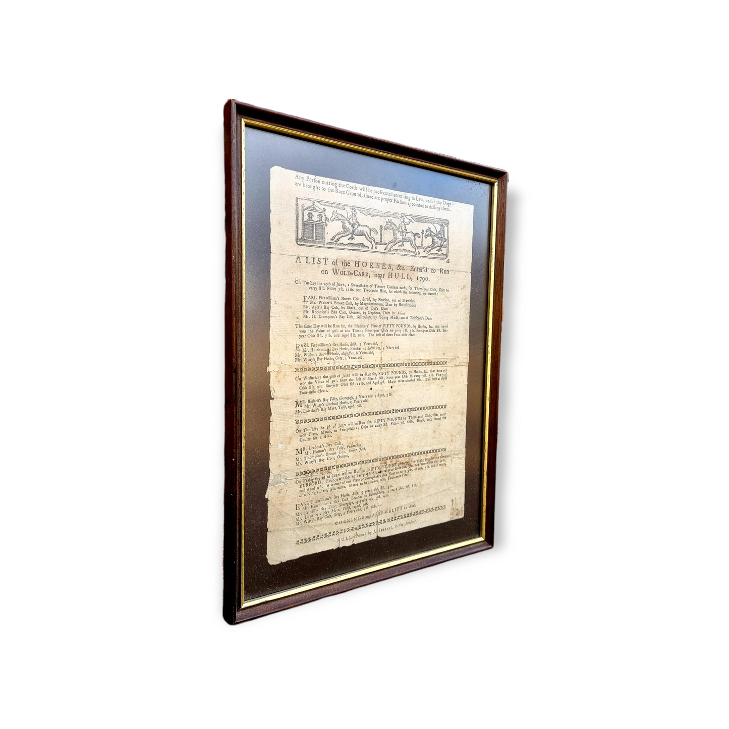 Late 18th Century English Antique Horse Racing Card or Pamphlet Dated 1790, Entitled "A List of the Horses, &c, Enter'd to Run on Wold-Carr, Near Hull, 1790"