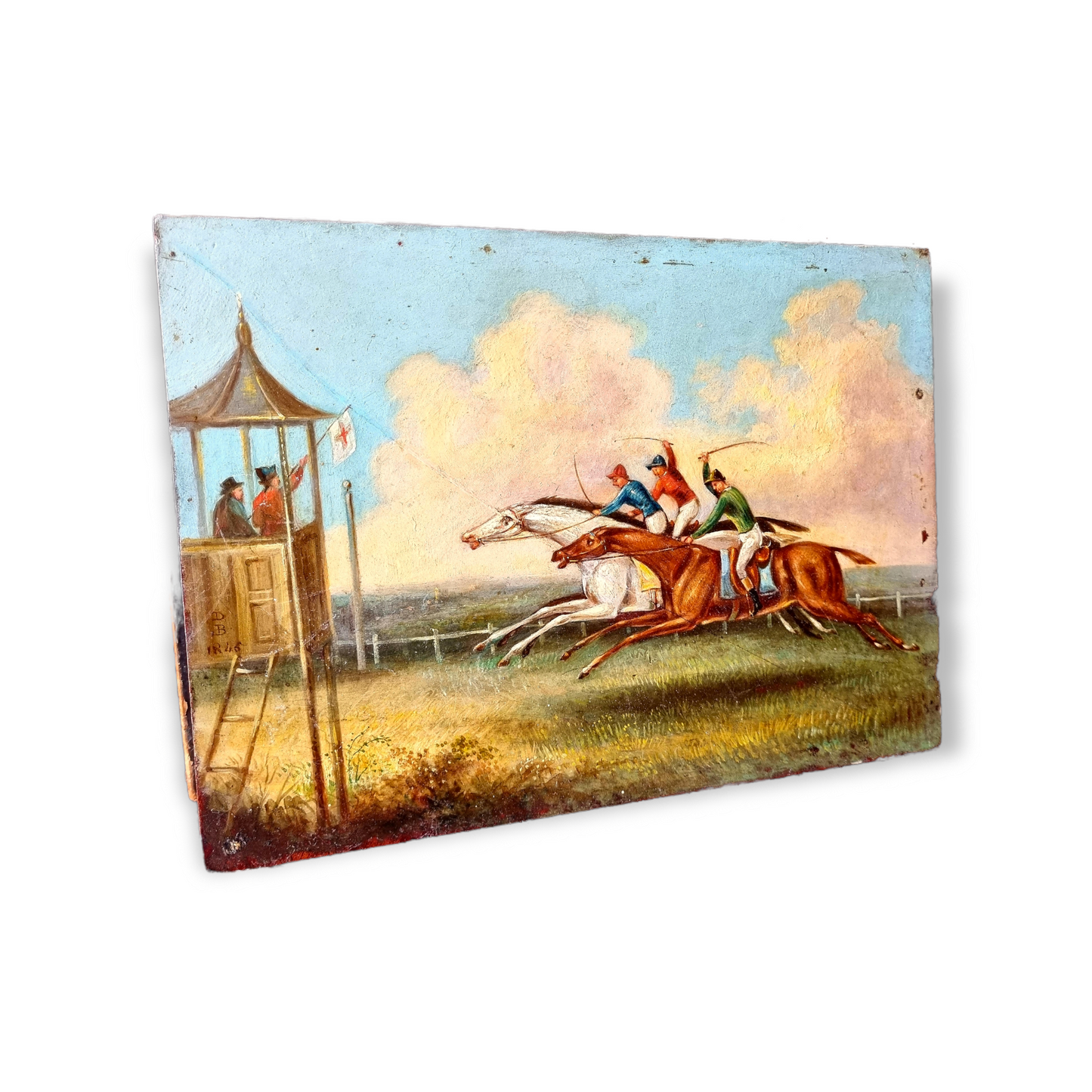 Mid 19th Century Primitive English School Antique Oil on Panel / Painting of a Horse Race, Signed "DB IR" and Dated "1845"
