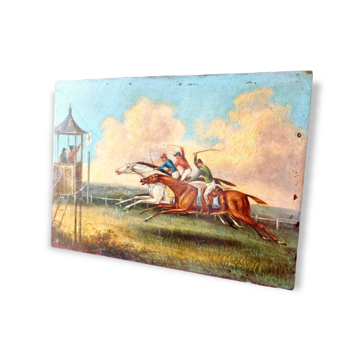 Mid 19th Century Primitive English School Antique Oil on Panel / Painting of a Horse Race, Signed "DB IR" and Dated "1845"