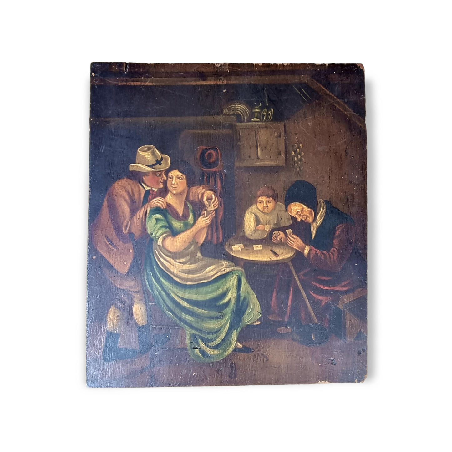 Follower of David Teniers - A pair of Naive Late 18th Century Dutch School Antique Oil on Board Paintings Depicting Tavern Scenes