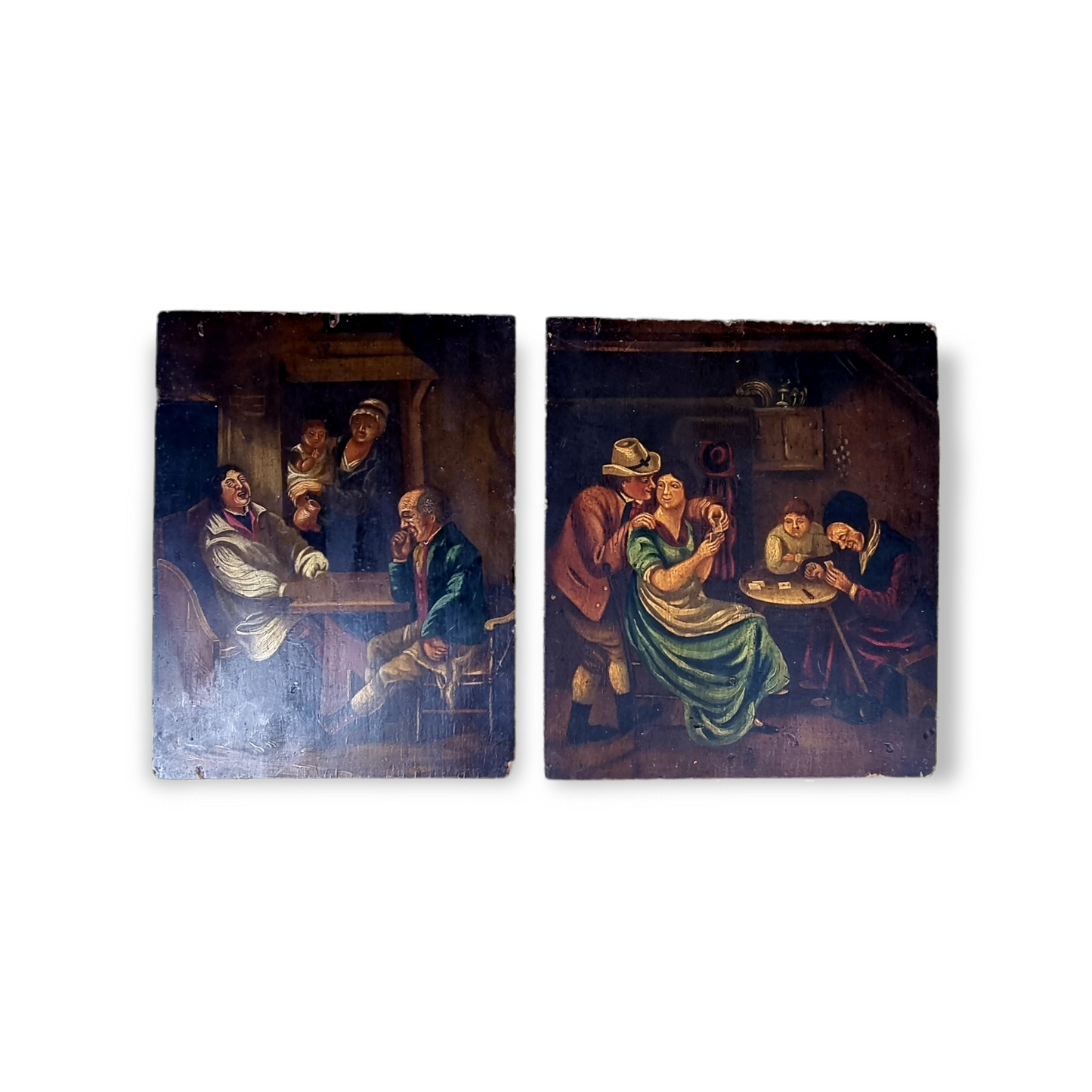 Follower of David Teniers - A pair of Naive Late 18th Century Dutch School Antique Oil on Board Paintings Depicting Tavern Scenes