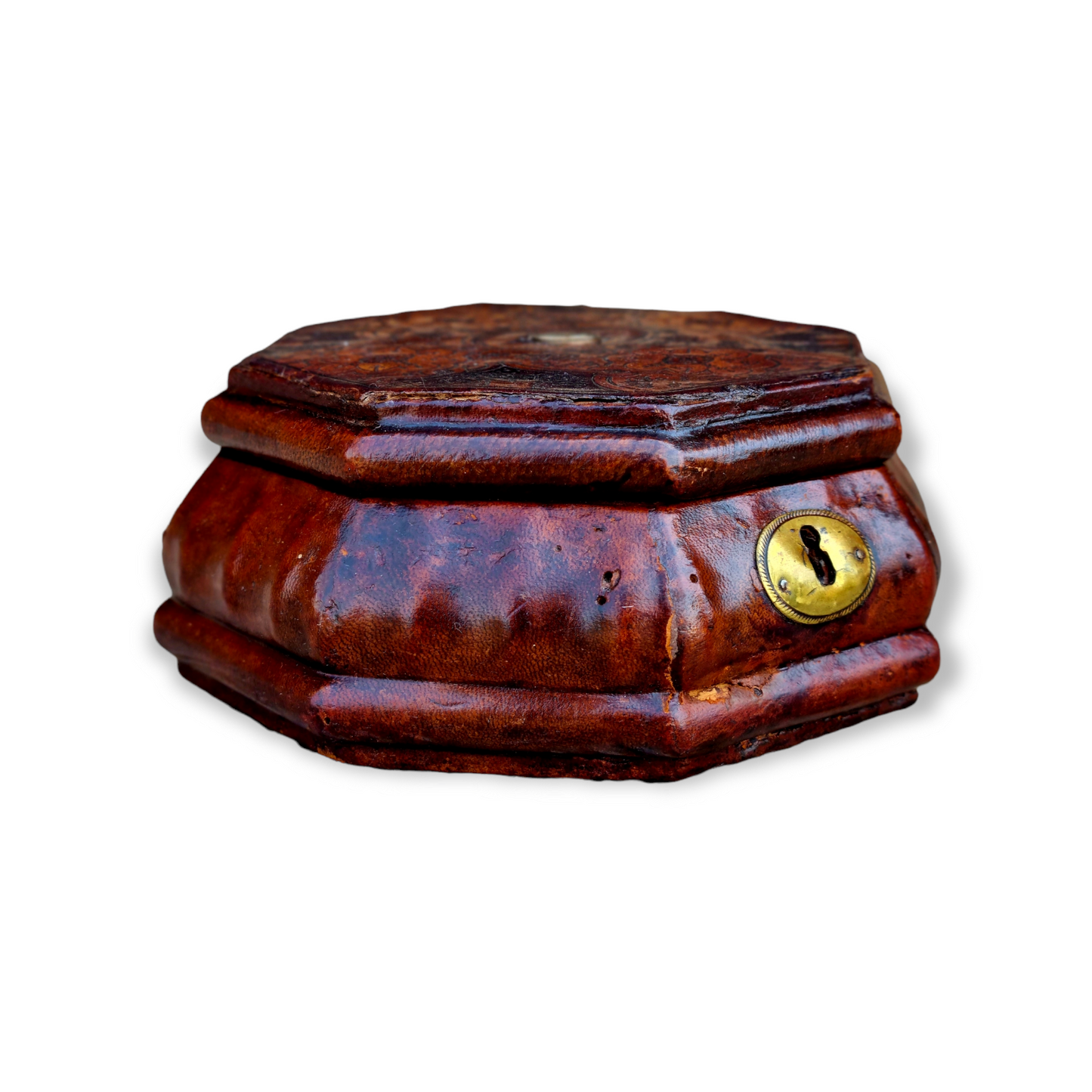 Mid 18th Century Antique Tooled Leather Box / Travelling Case With A Rare Inlaid Compass to the Lid