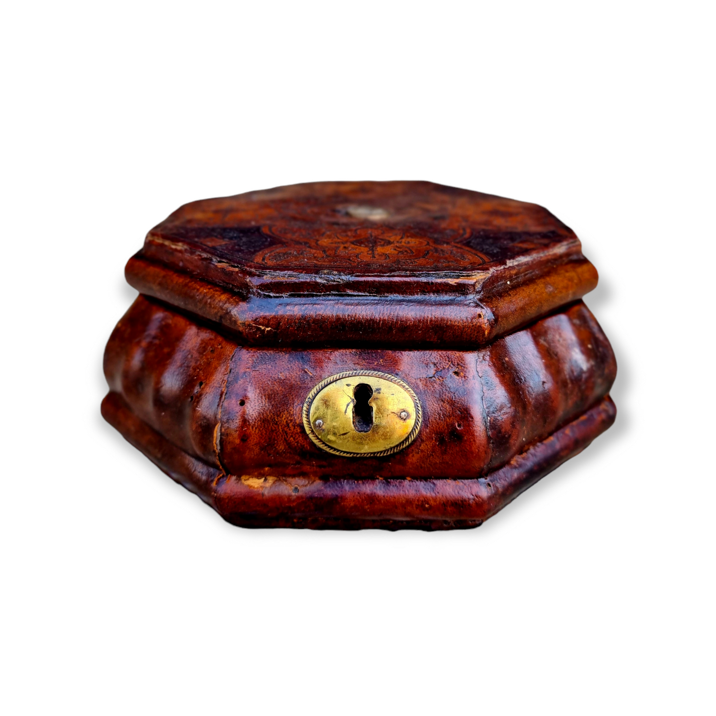 Mid 18th Century Antique Tooled Leather Box / Travelling Case With A Rare Inlaid Compass to the Lid