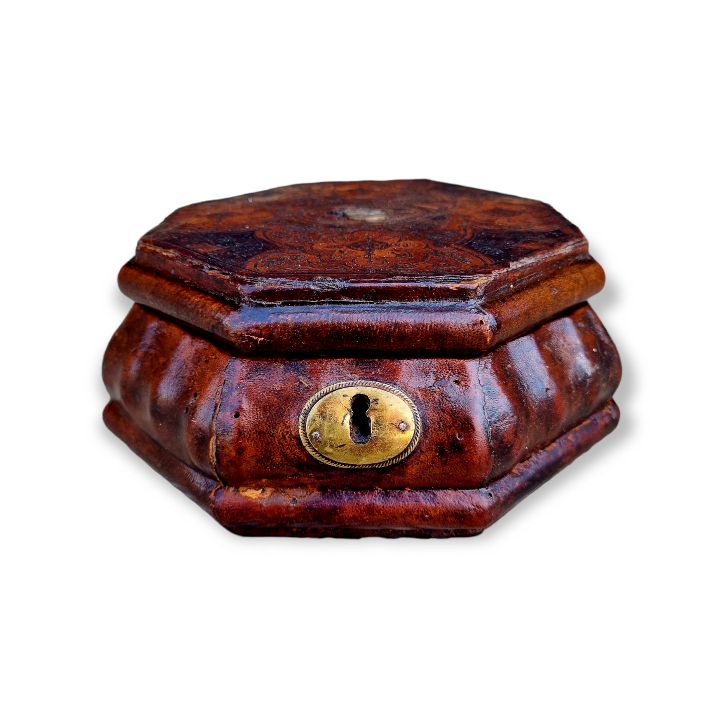 Mid 18th Century Antique Tooled Leather Box / Travelling Case With A Rare Inlaid Compass to the Lid