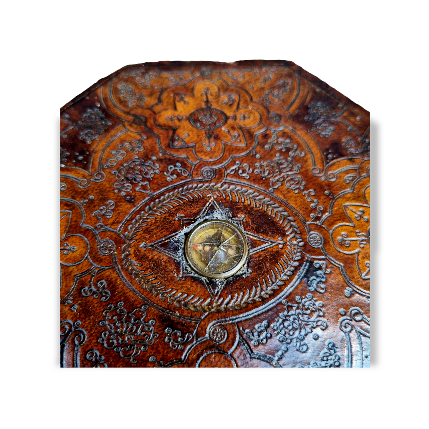 Mid 18th Century Antique Tooled Leather Box / Travelling Case With A Rare Inlaid Compass to the Lid