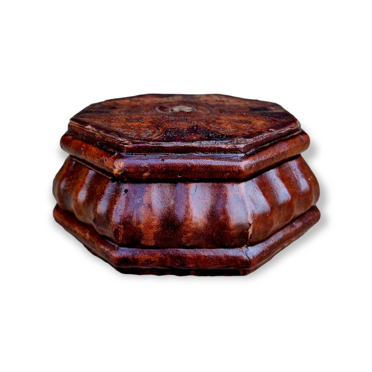 Mid 18th Century Antique Tooled Leather Box / Travelling Case With A Rare Inlaid Compass to the Lid