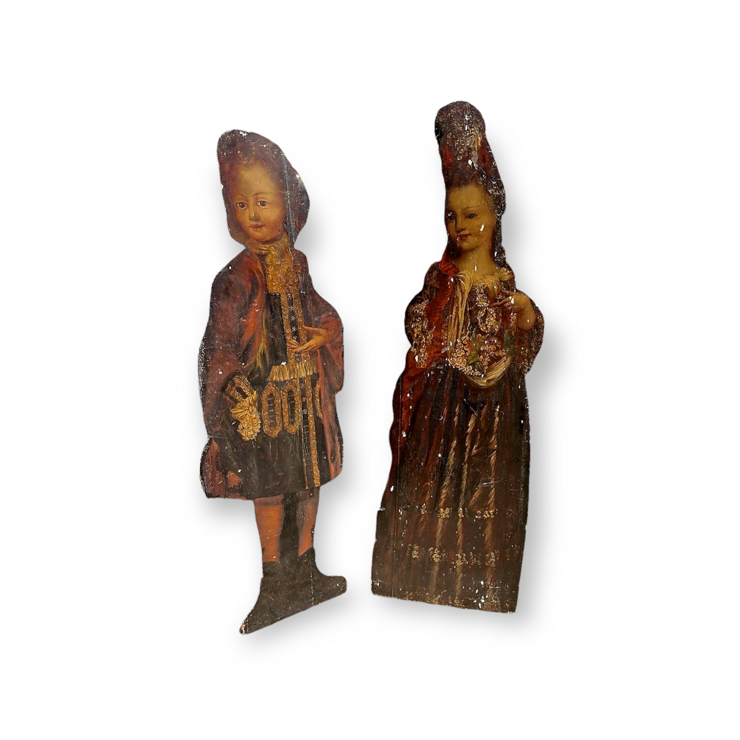 Pair of Early 18th Century English Antique Dummy Boards of an Aristocratic Boy and Girl