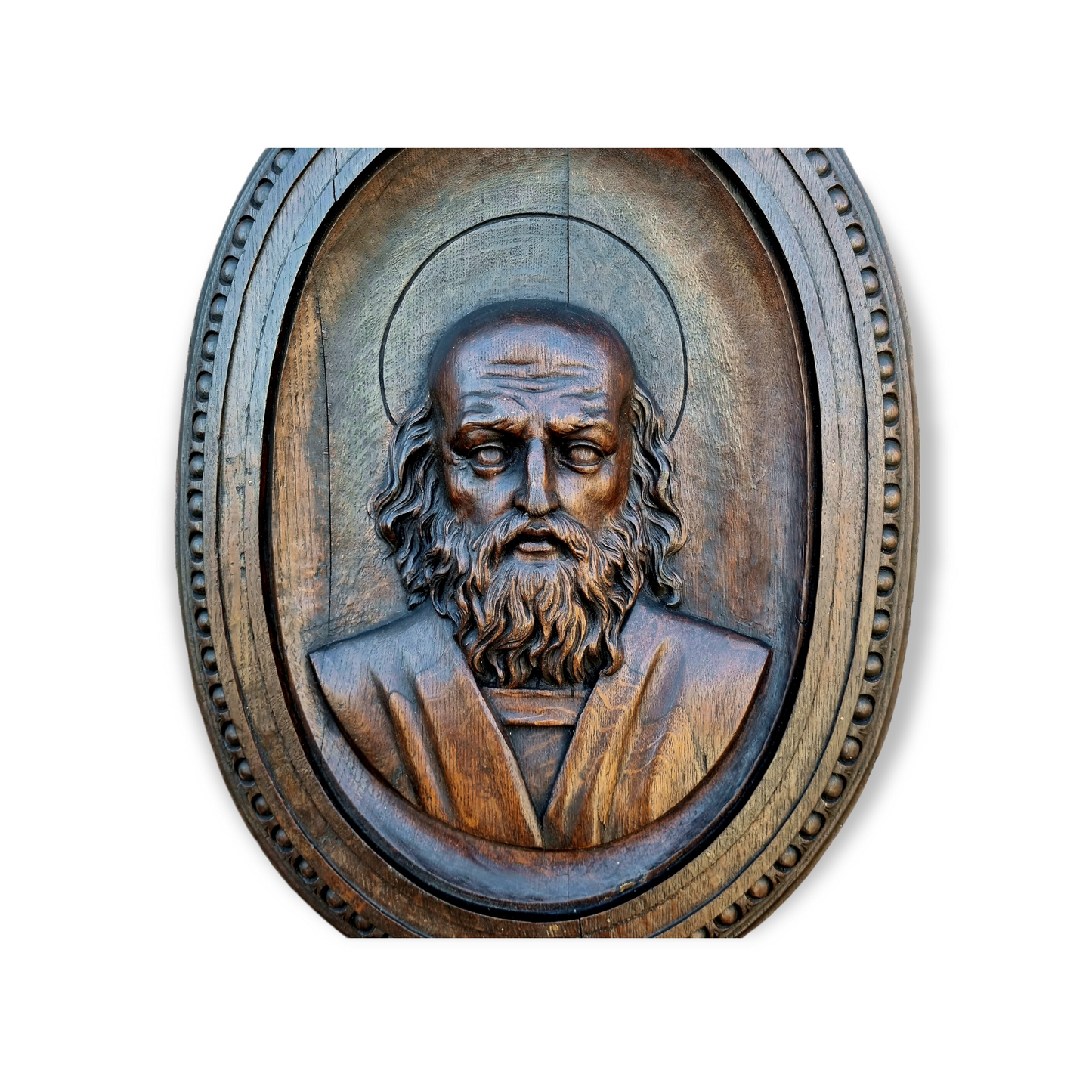 Large Late 18th Century / Early 19th Century Italian Antique Oak Carved Wood Panel Depicting A Male Saint