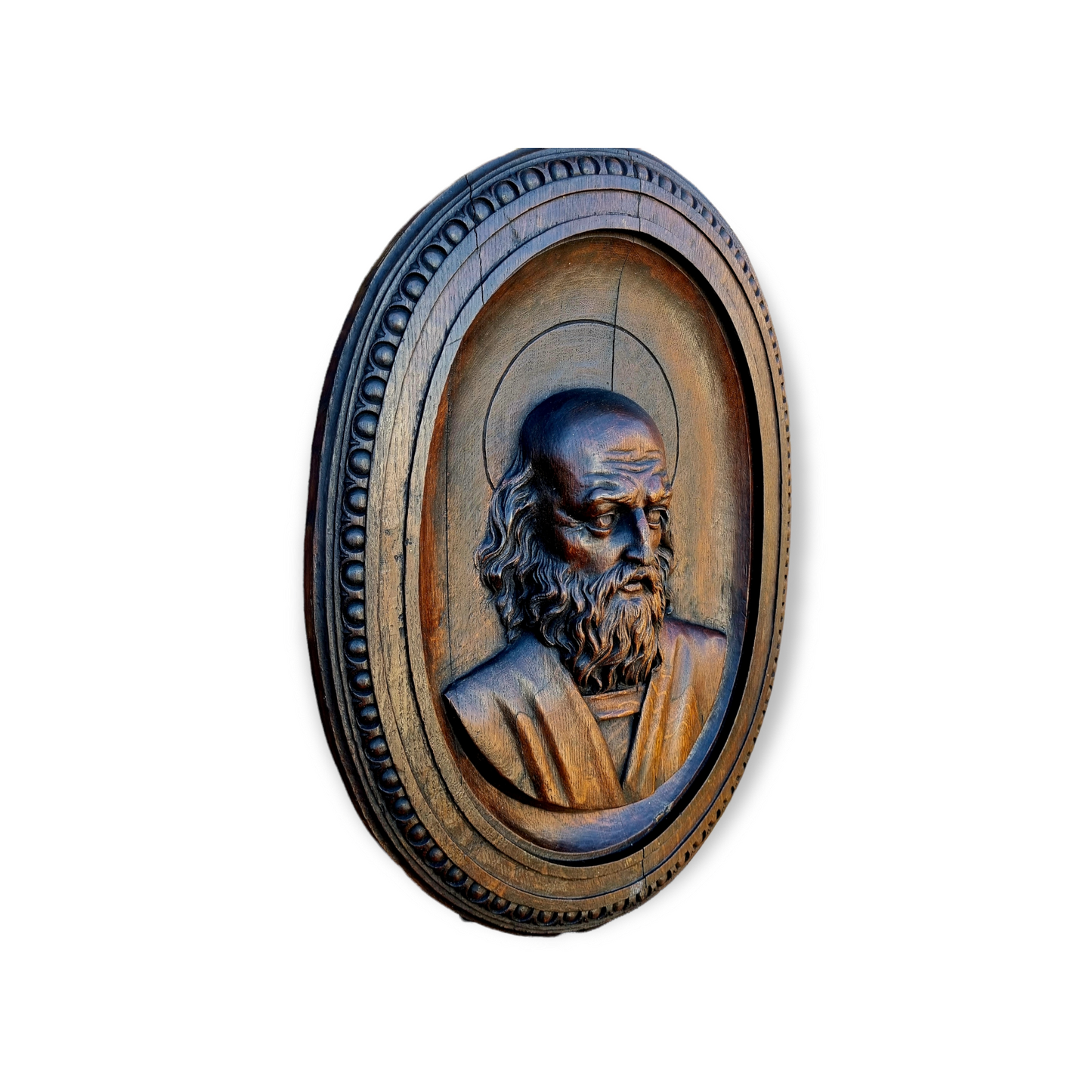 Large Late 18th Century / Early 19th Century Italian Antique Oak Carved Wood Panel Depicting A Male Saint