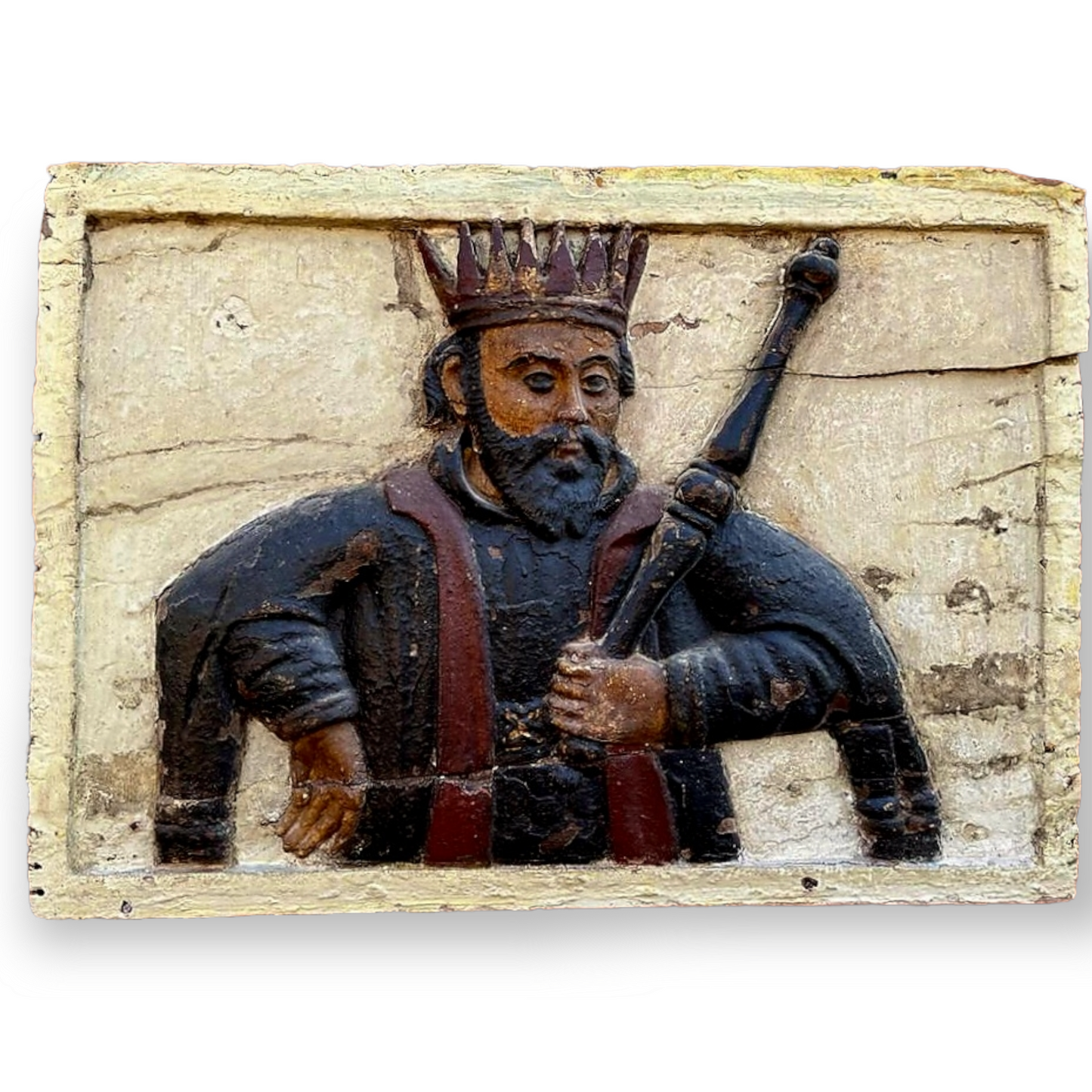 Large Mid 17th Century Indo-Portuguese Antique Carved Wooden Panel Depicting a King or Saint