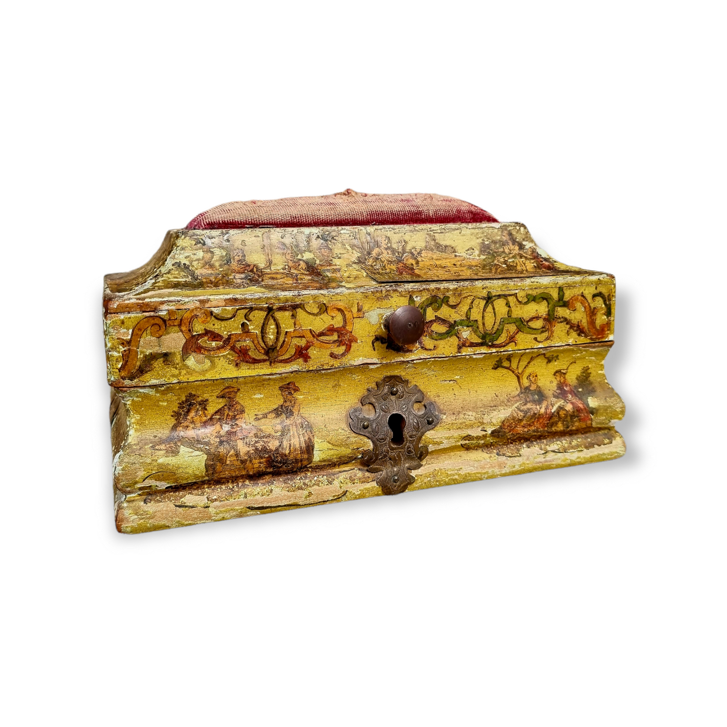 18th Century Italian Antique Box With Decoupage Decoration And Pincushion