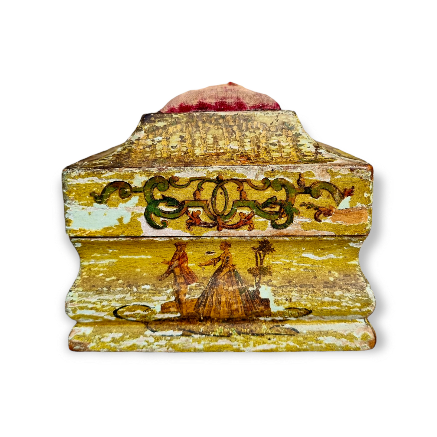 18th Century Italian Antique Box With Decoupage Decoration And Pincushion